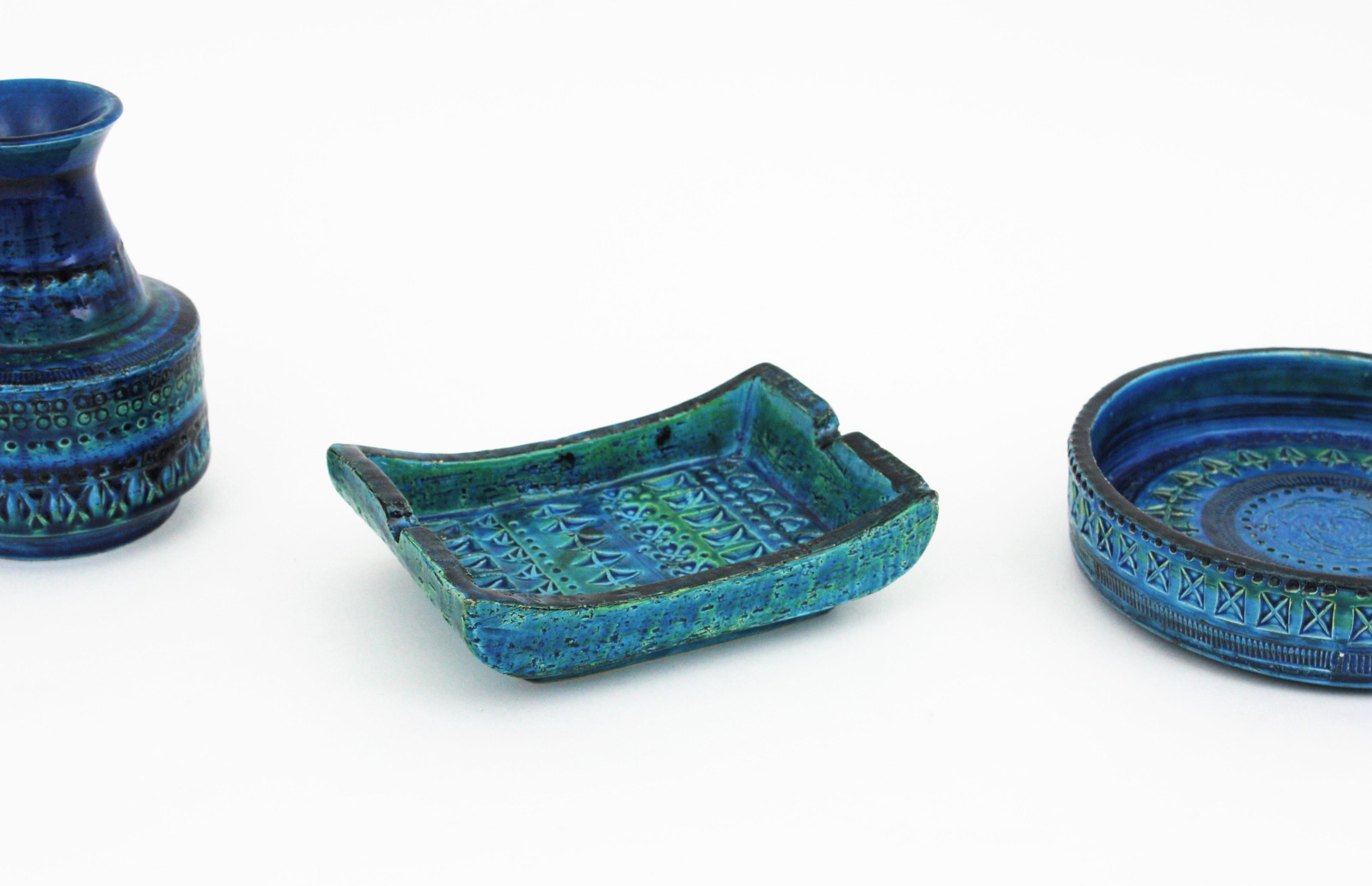 Aldo Londi Bitossi Rimini Blue Glazed Ceramic Rectangular Ashtray Bowl Videpoche For Sale 4
