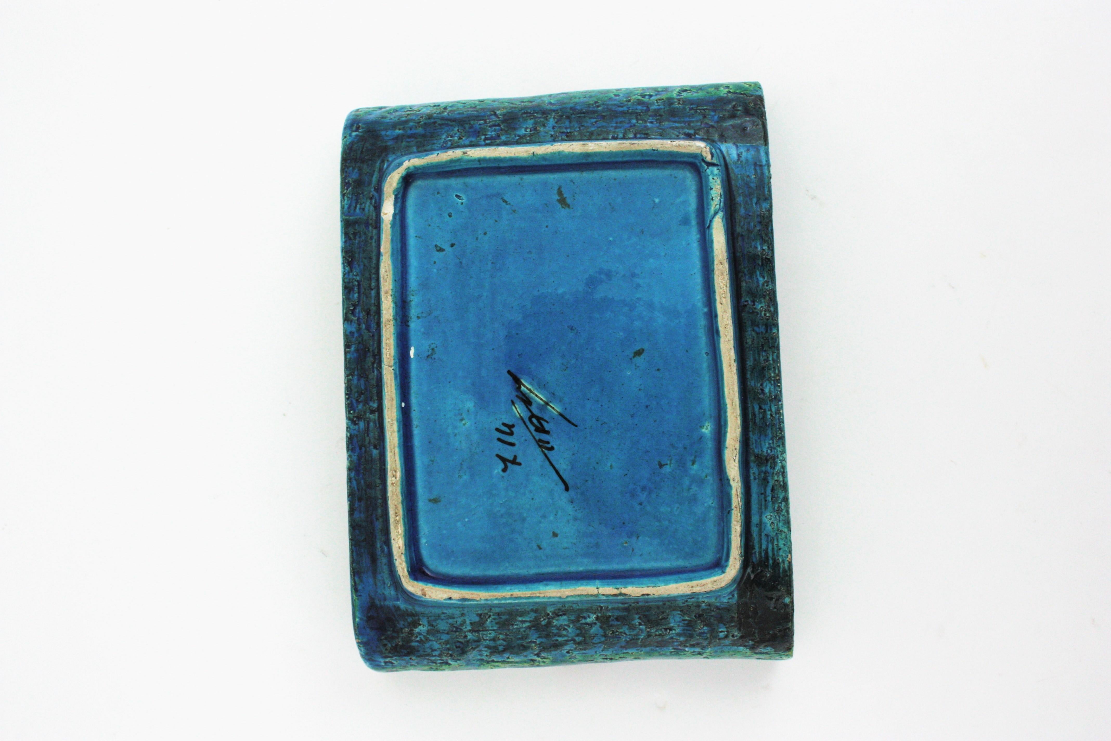 Aldo Londi Bitossi Rimini Blue Glazed Ceramic Rectangular Ashtray Bowl Videpoche For Sale 5