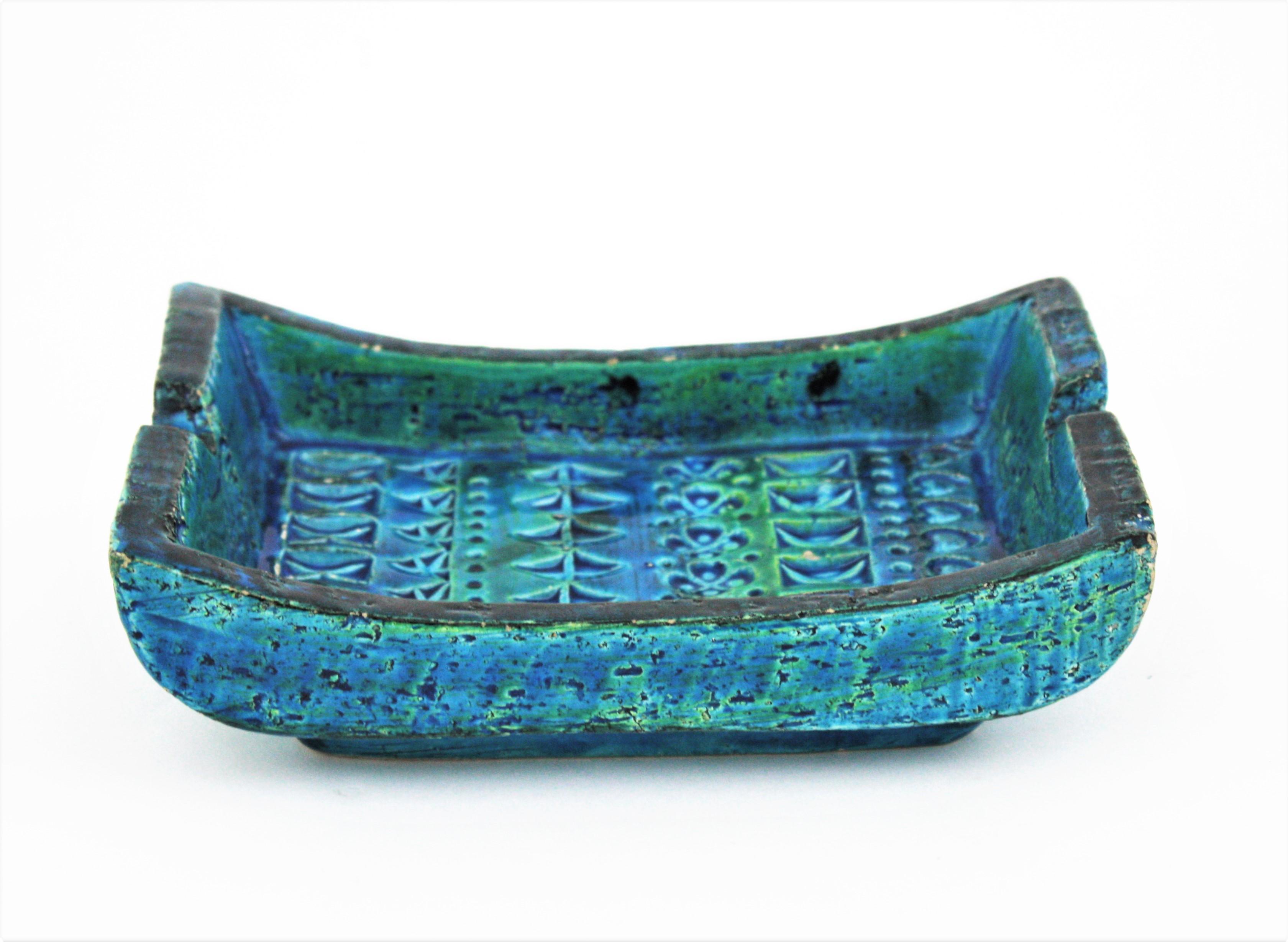 Rechteckige Aschenbecherschale aus blau glasierter Keramik von Aldo Londi Bitossi Rimini Videpoche (Moderne der Mitte des Jahrhunderts) im Angebot