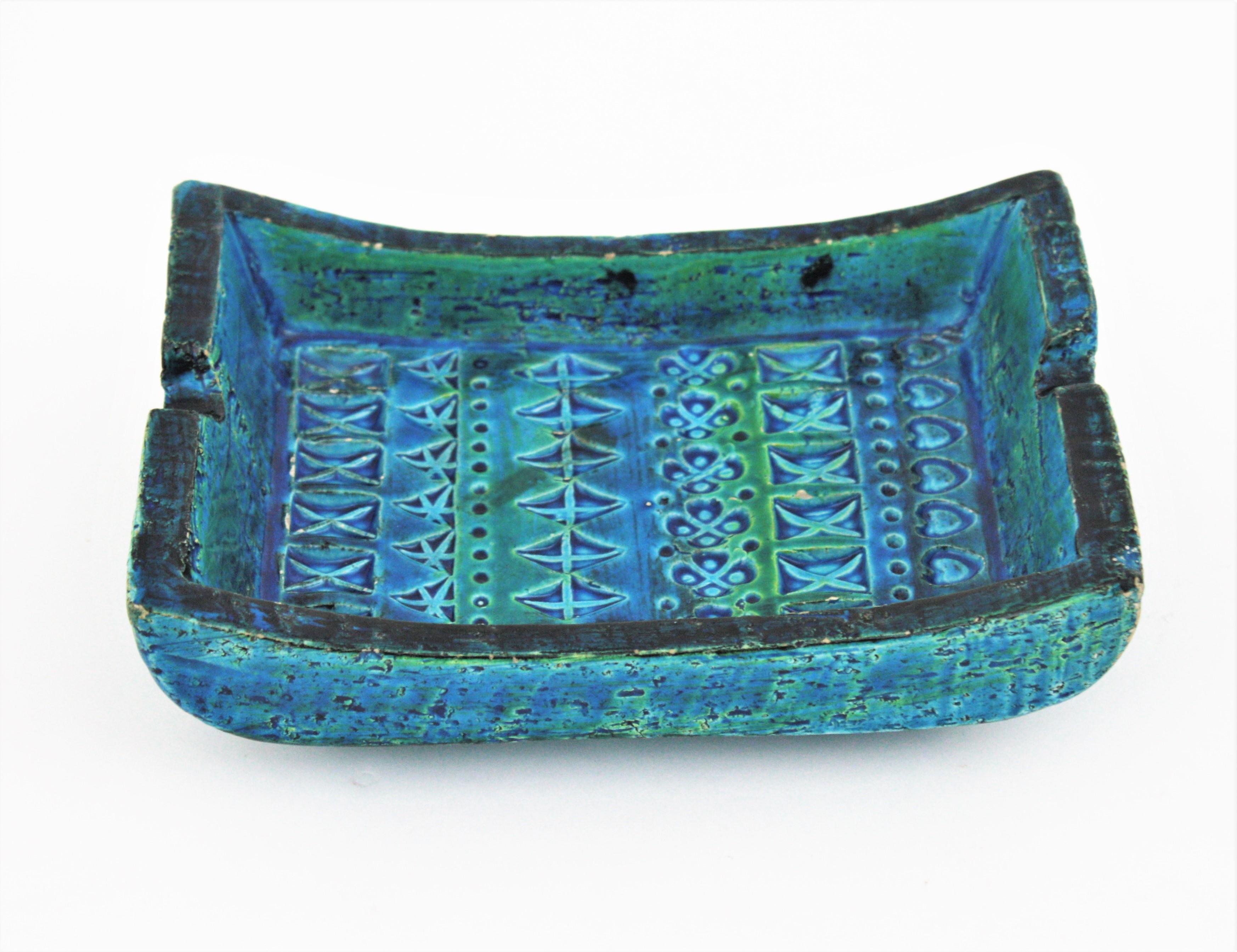 Italian Aldo Londi Bitossi Rimini Blue Glazed Ceramic Rectangular Ashtray Bowl Videpoche For Sale