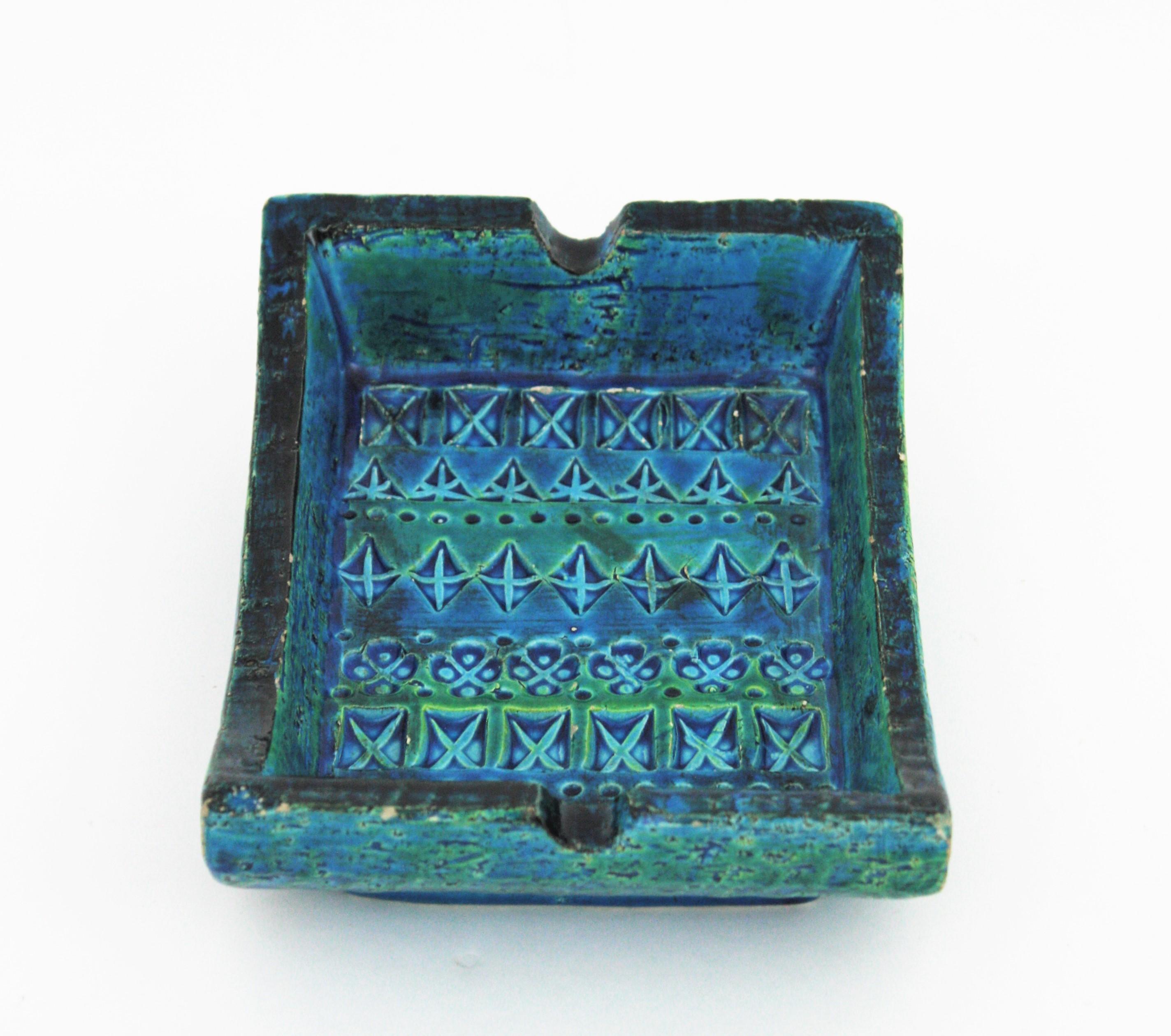 Rechteckige Aschenbecherschale aus blau glasierter Keramik von Aldo Londi Bitossi Rimini Videpoche (20. Jahrhundert) im Angebot