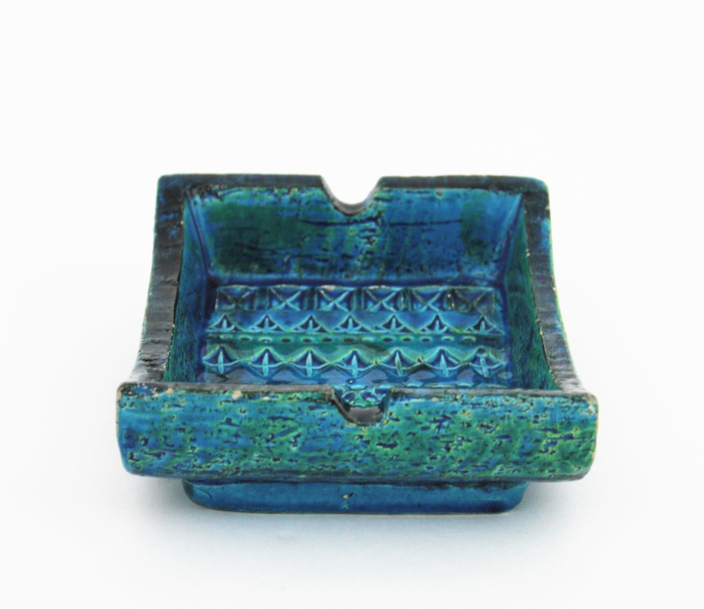 Aldo Londi Bitossi Rimini Blue Glazed Ceramic Rectangular Ashtray Bowl Videpoche In Good Condition For Sale In Barcelona, ES