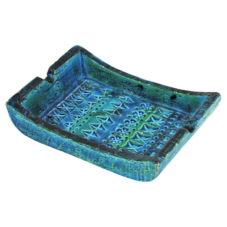 Aldo Londi Bitossi Rimini Blue Glazed Ceramic Rectangular Ashtray Bowl Videpoche For Sale