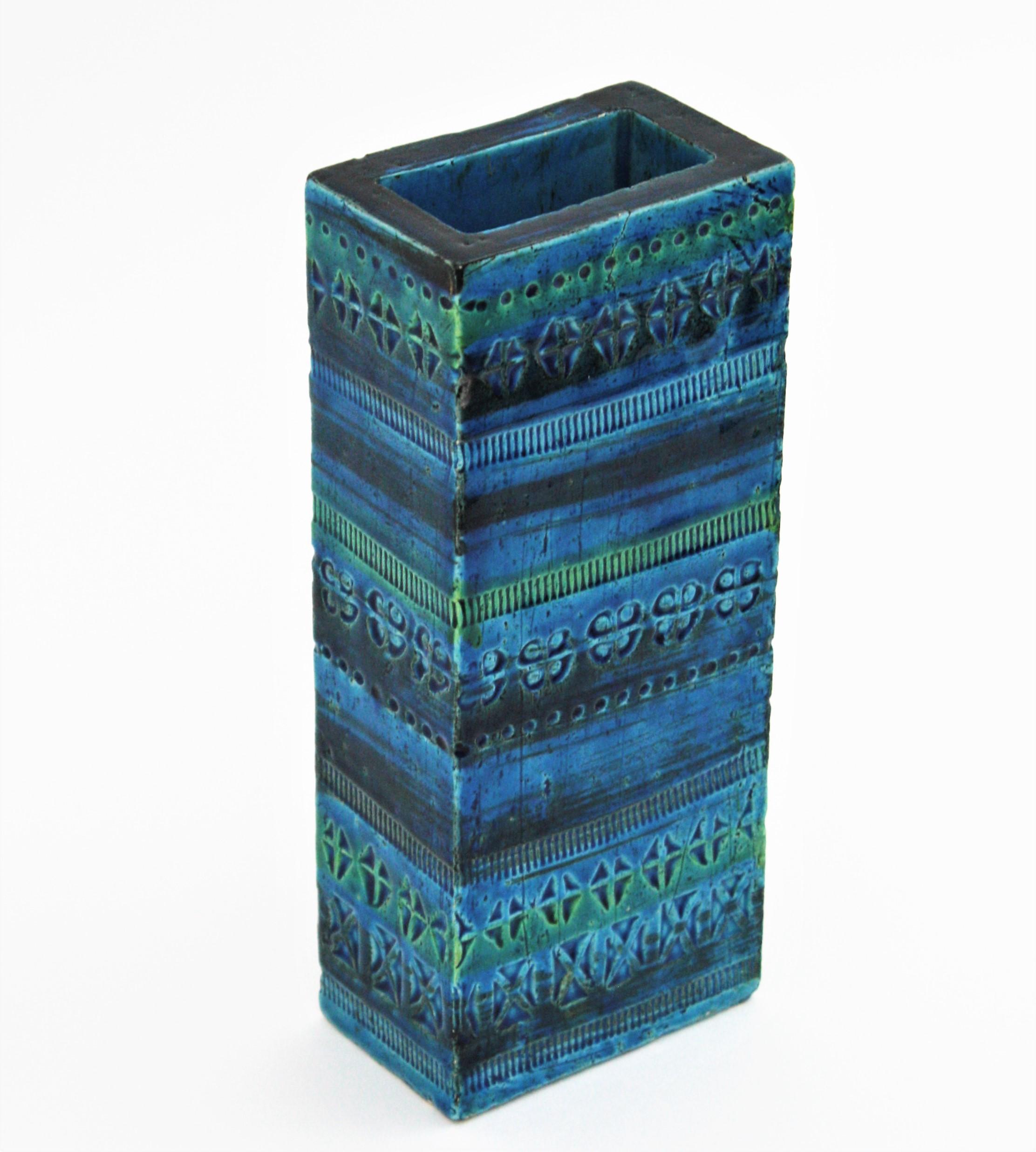 Terracotta Aldo Londi Bitossi Rimini Blue Glazed Ceramic Rectangular Vase