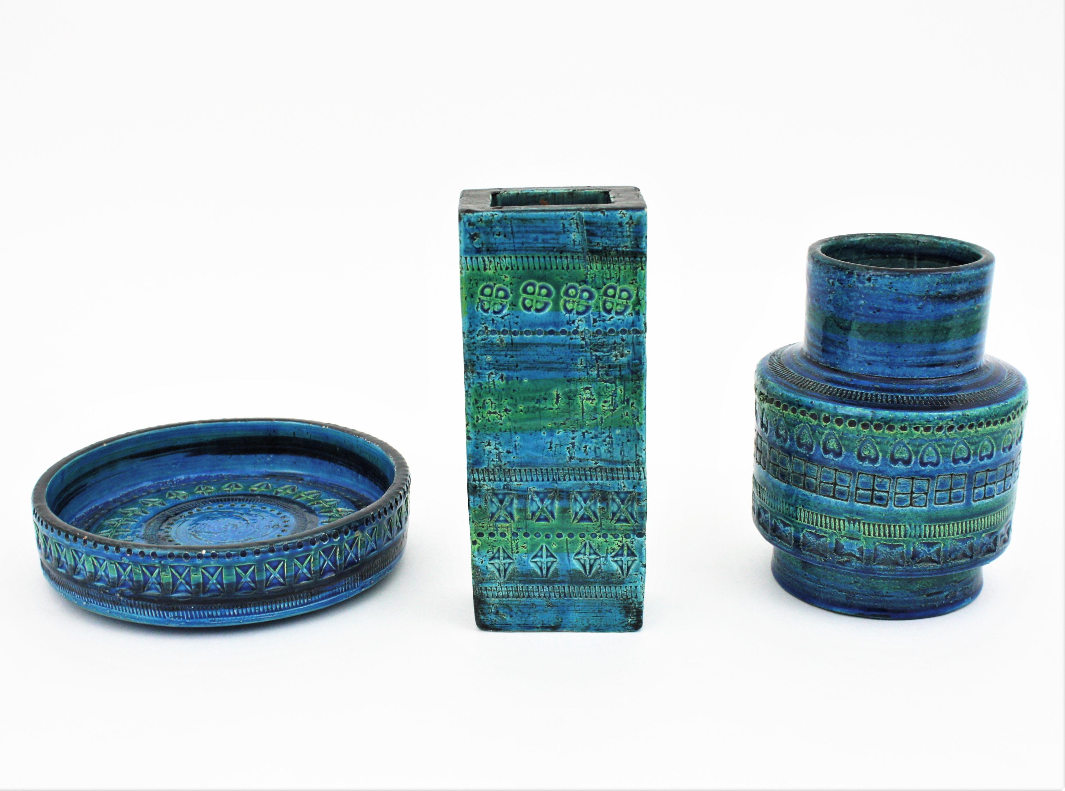 Italian Aldo Londi Bitossi Rimini Blue Glazed Ceramic Rectangular Vase