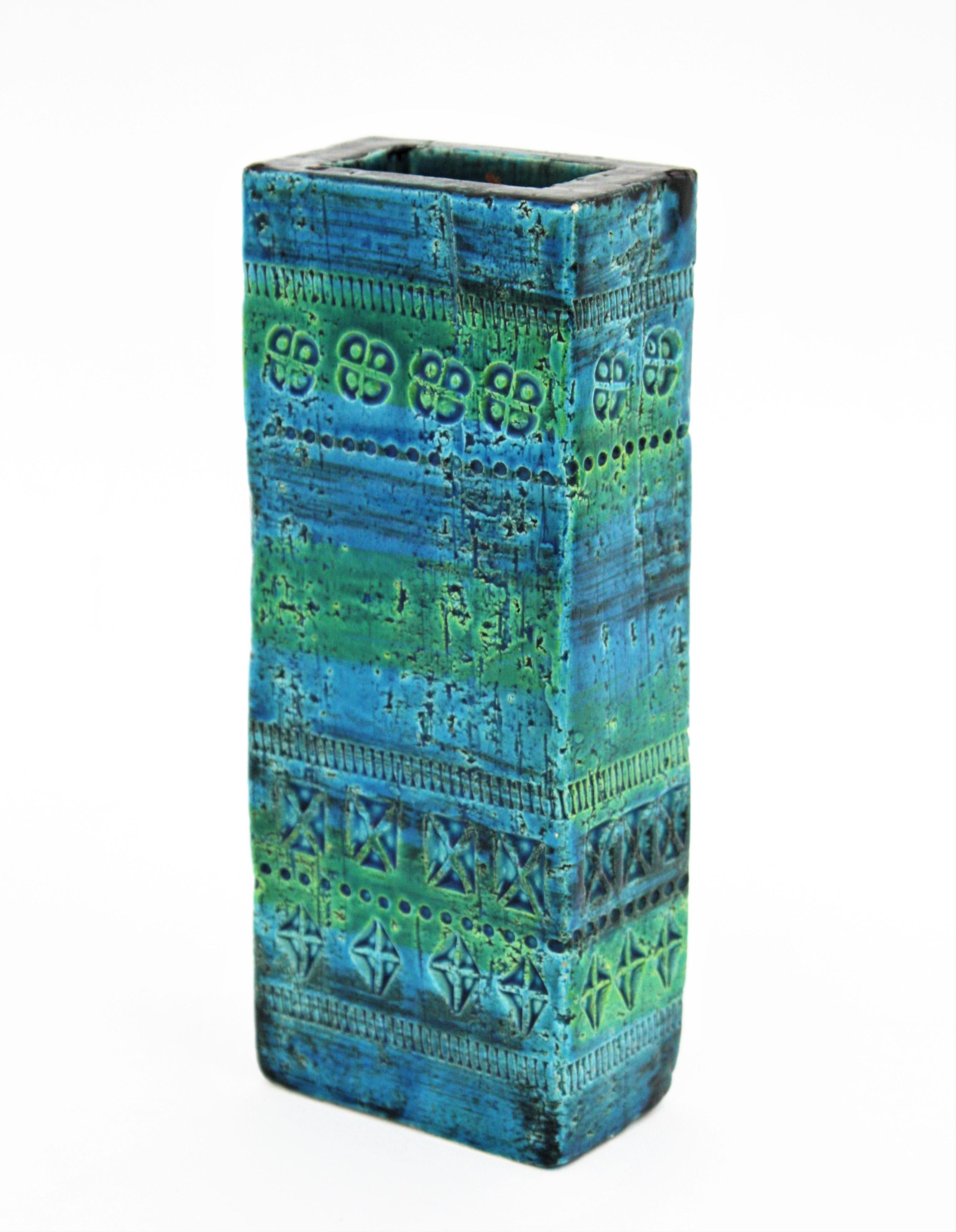 Aldo Londi Bitossi Rimini Blue Glazed Ceramic Rectangular Vase In Good Condition In Barcelona, ES