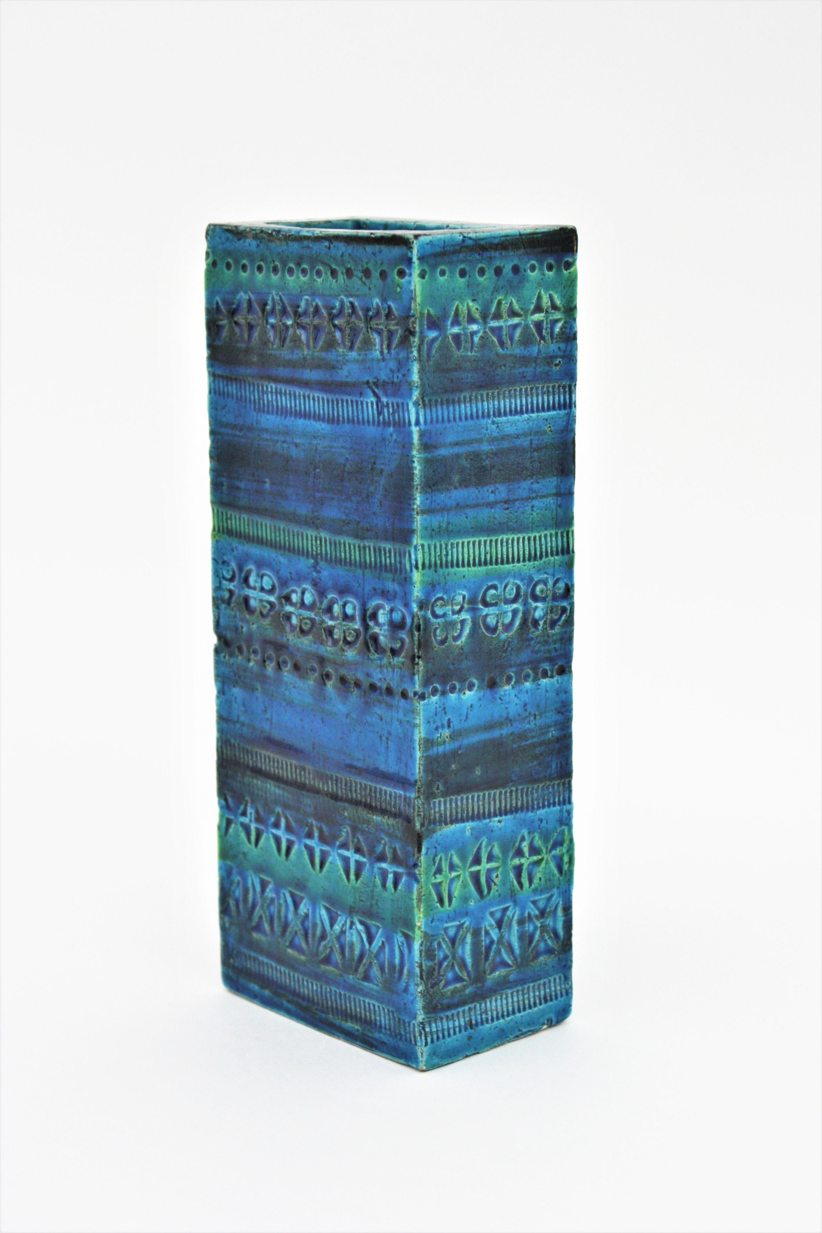 20th Century Aldo Londi Bitossi Rimini Blue Glazed Ceramic Rectangular Vase