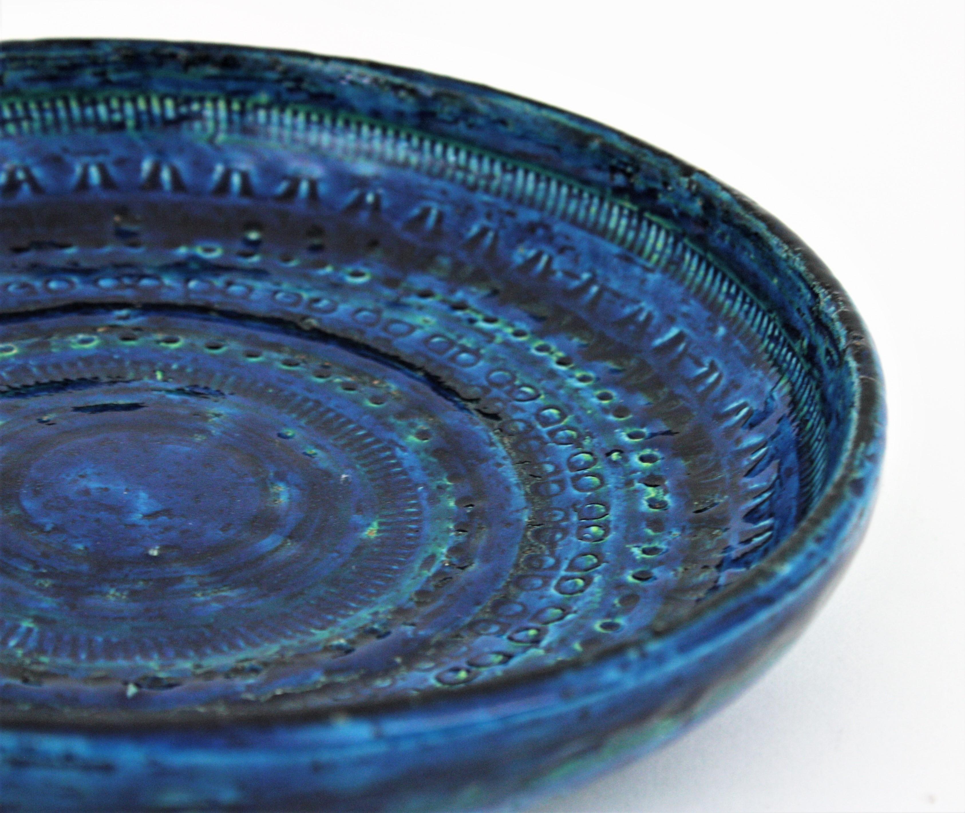 Aldo Londi Bitossi Rimini Blue Glazed Ceramic Round Dish or Bowl, Italy, 1950s In Good Condition In Barcelona, ES