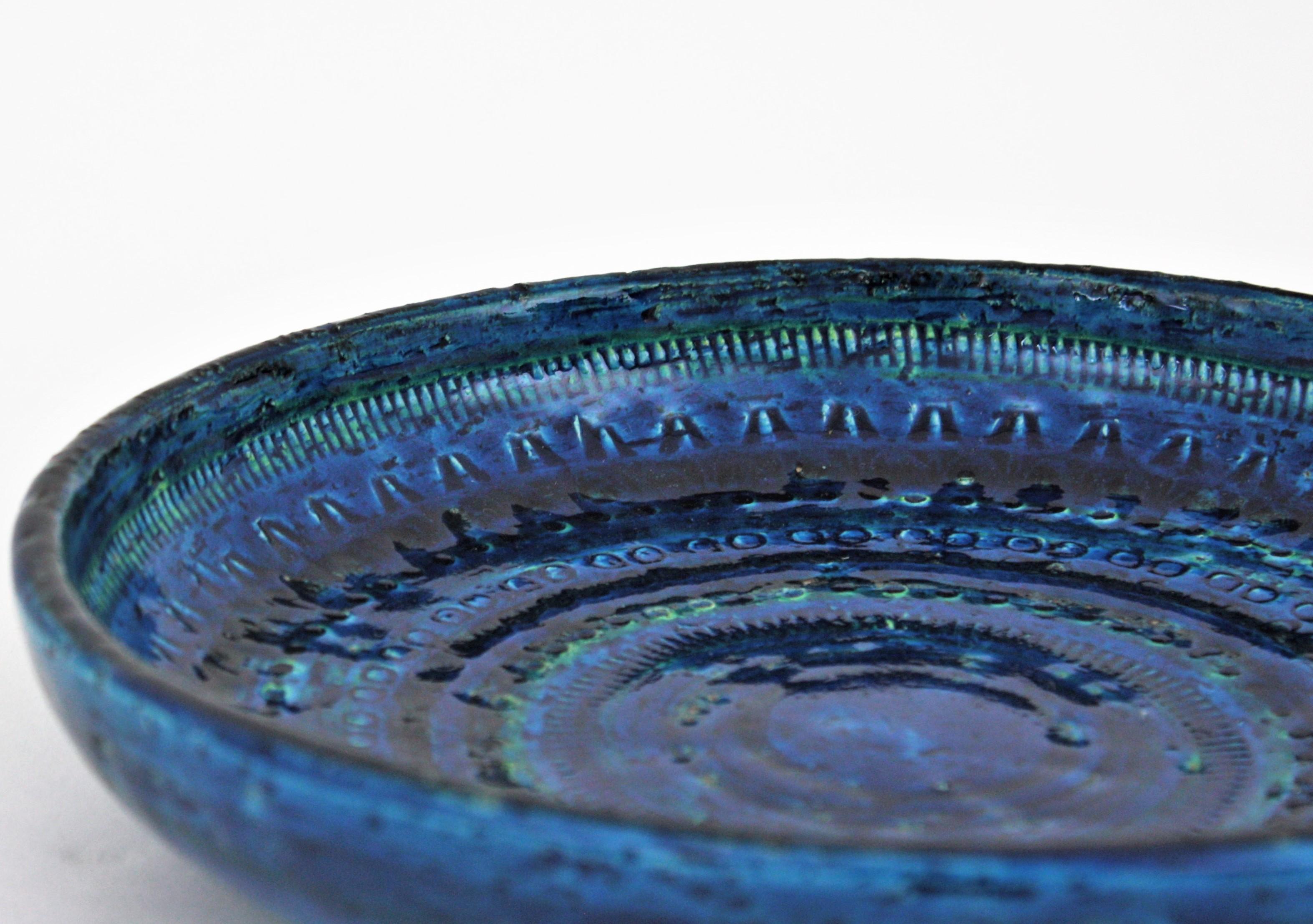 20th Century Aldo Londi Bitossi Rimini Blue Glazed Ceramic Round Dish or Bowl, Italy, 1950s