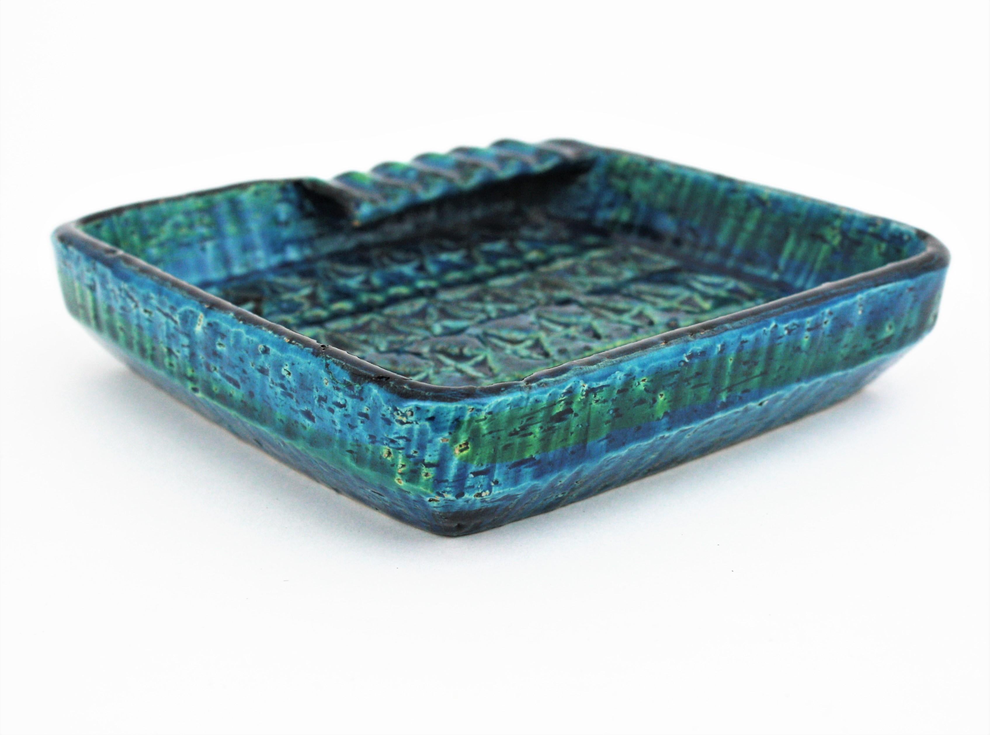 Aldo Londi Bitossi Rimini Blue Glazed Ceramic Square Ashtray, Italy, 1960s For Sale 5