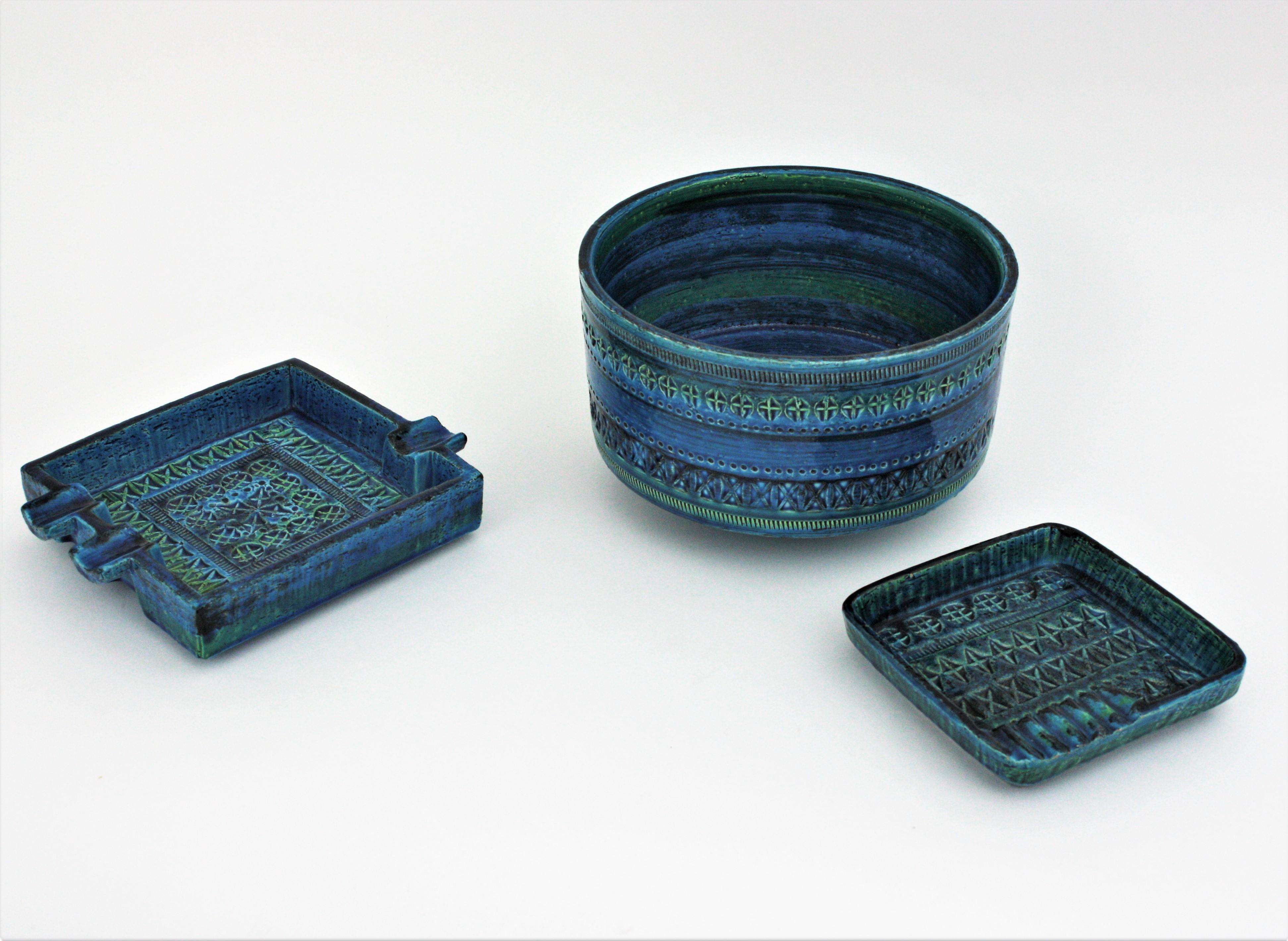 Mid-Century Modern Aldo Londi Bitossi Rimini Blue Glazed Ceramic Square Ashtray, Italy, 1960s For Sale