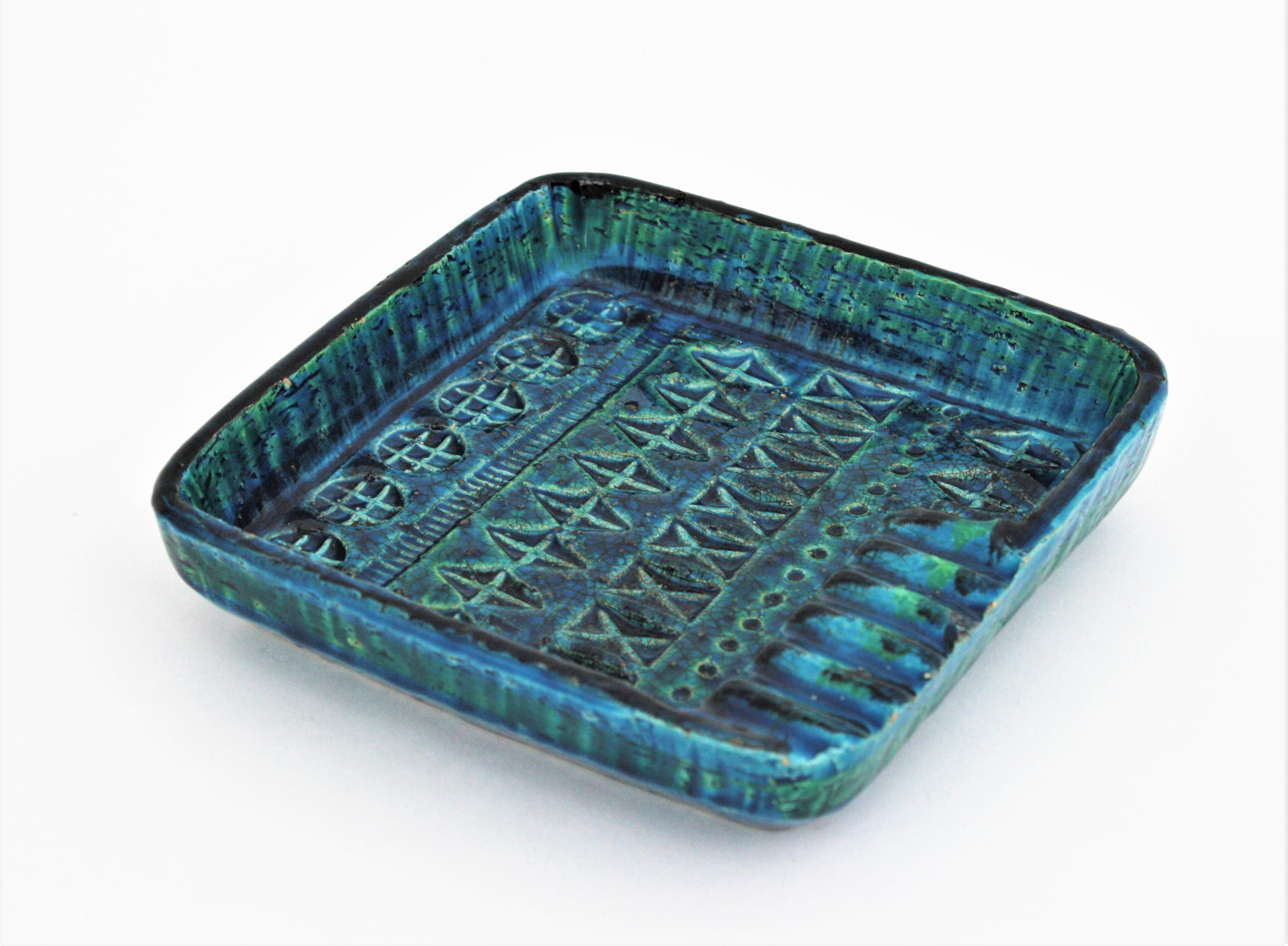 Aldo Londi Bitossi Rimini Blue Glazed Ceramic Square Ashtray, Italy, 1960s For Sale 1