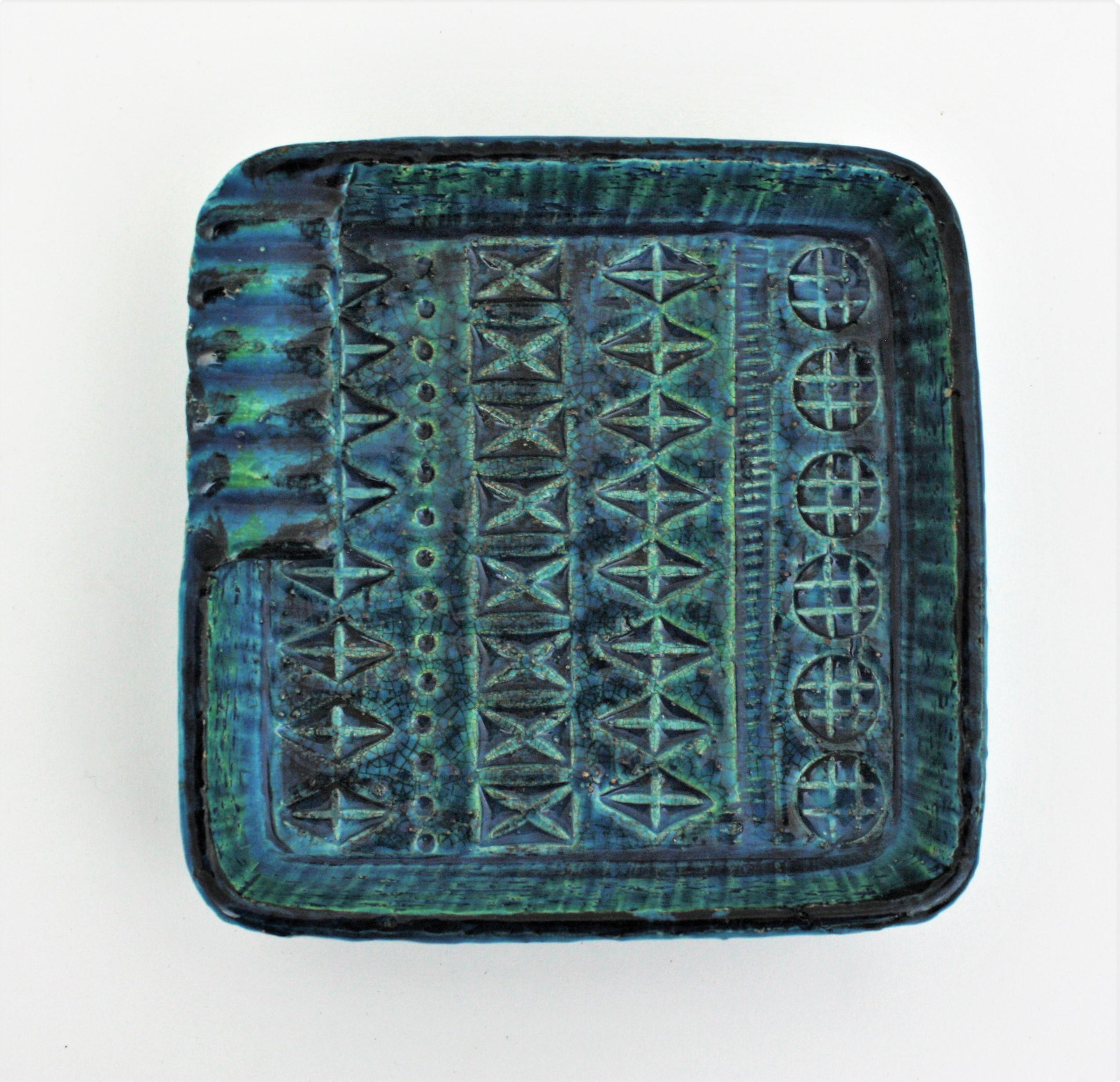 Aldo Londi Bitossi Rimini Blue Glazed Ceramic Square Ashtray, Italy, 1960s For Sale 2