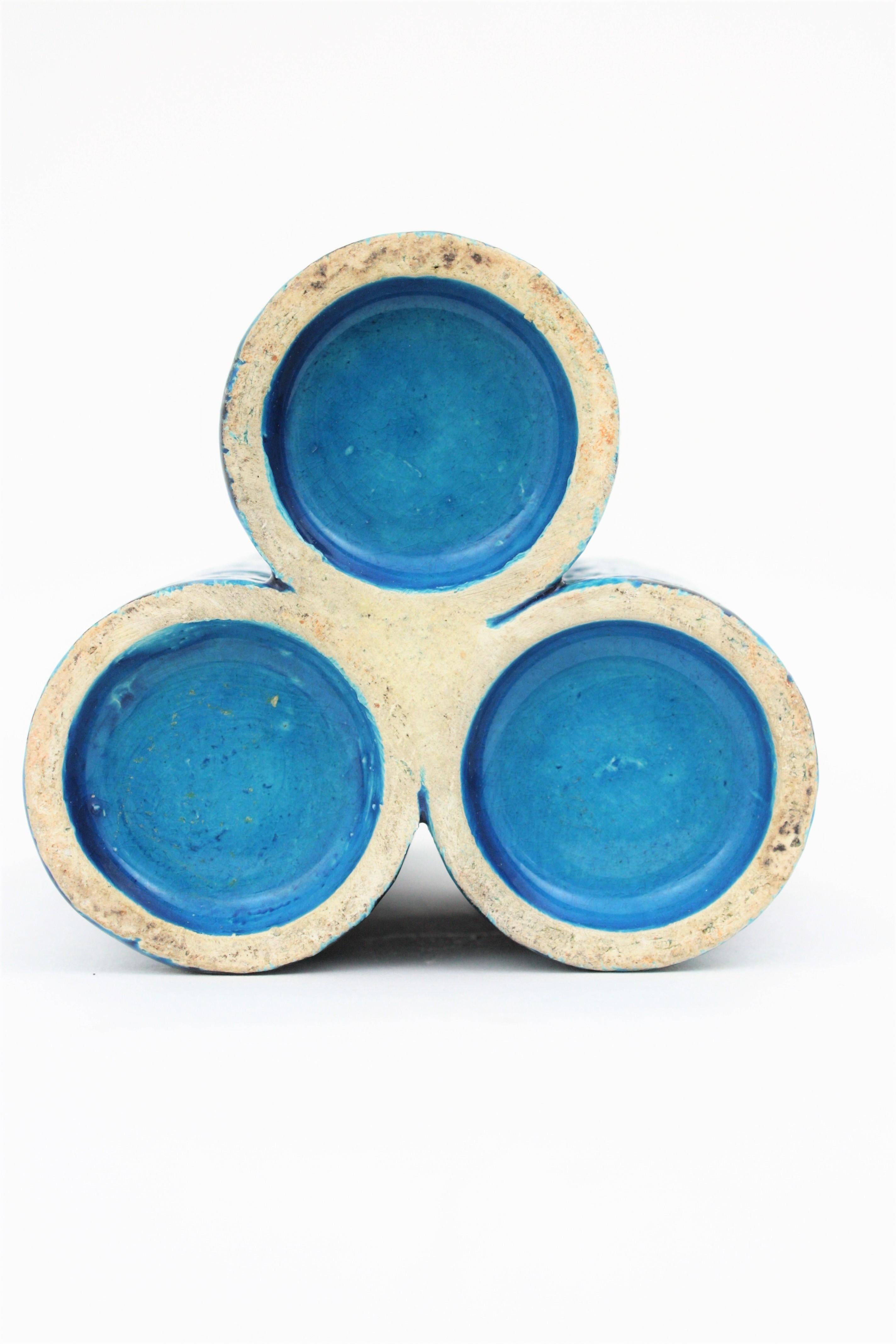 Aldo Londi Bitossi Rimini Blue Glazed Ceramic Triple Vase, Italy, 1960s 4