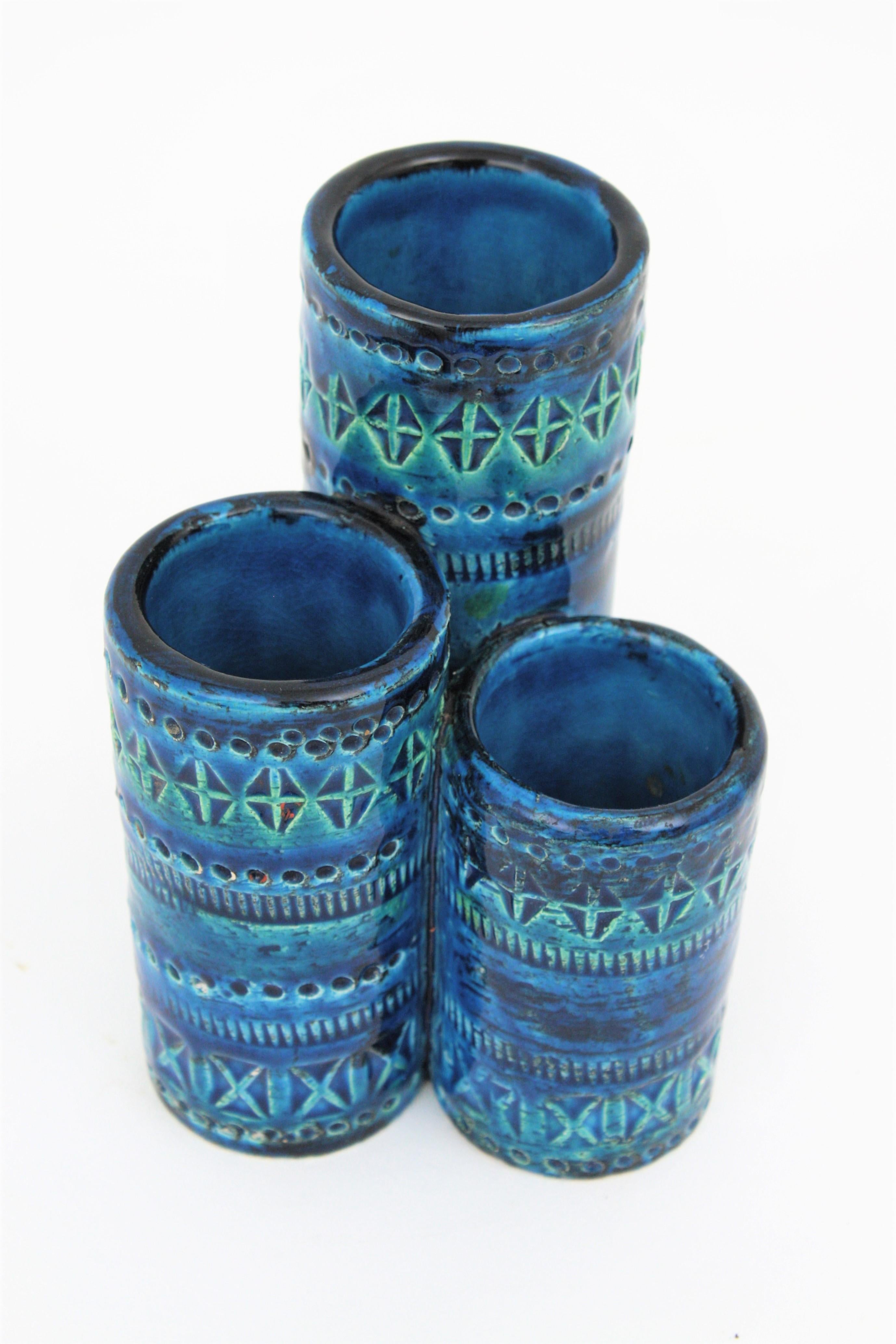 Mid-Century Modern Aldo Londi Bitossi Rimini Blue Glazed Ceramic Triple Vase, Italy, 1960s