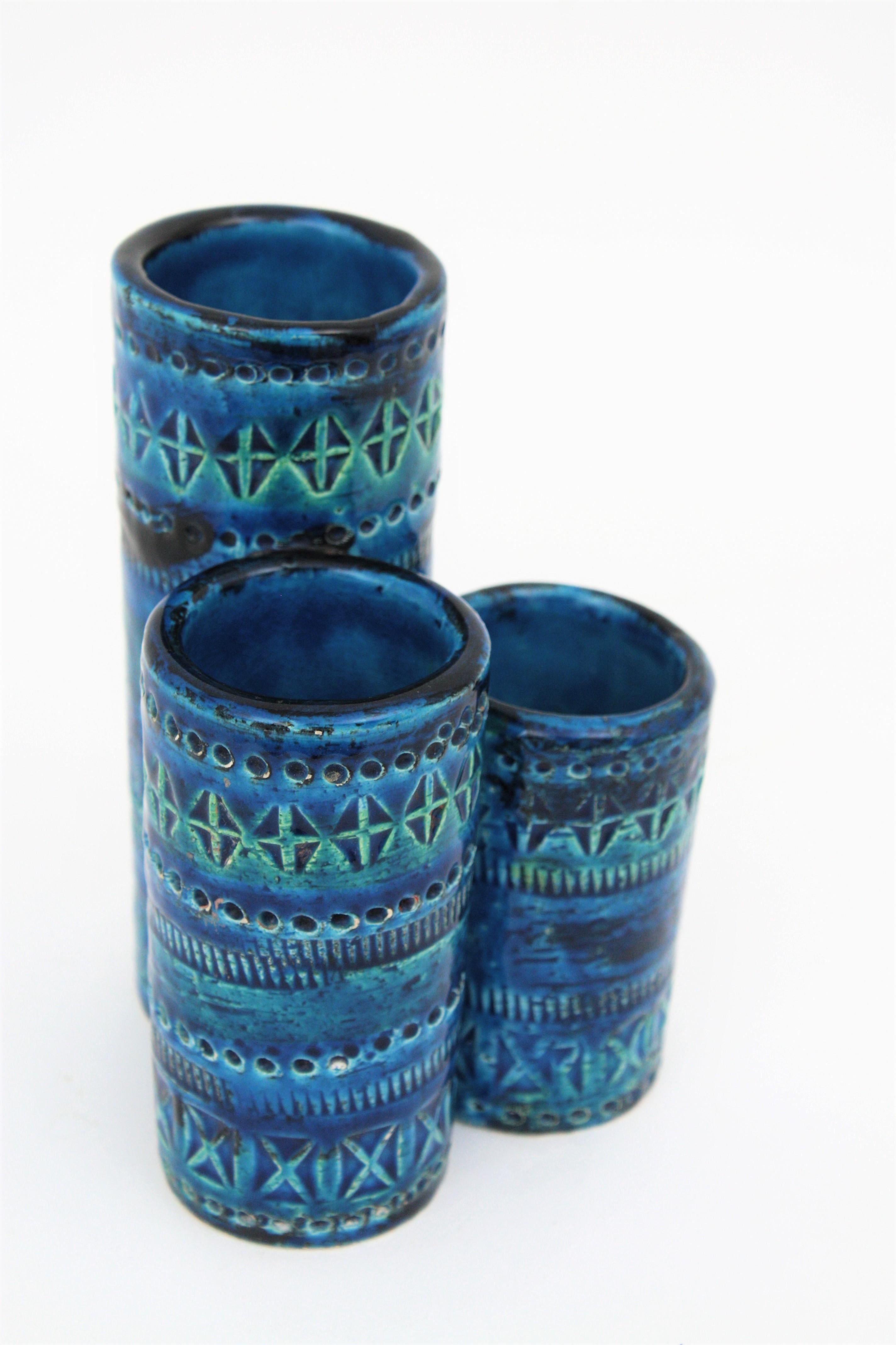 Italian Aldo Londi Bitossi Rimini Blue Glazed Ceramic Triple Vase, Italy, 1960s