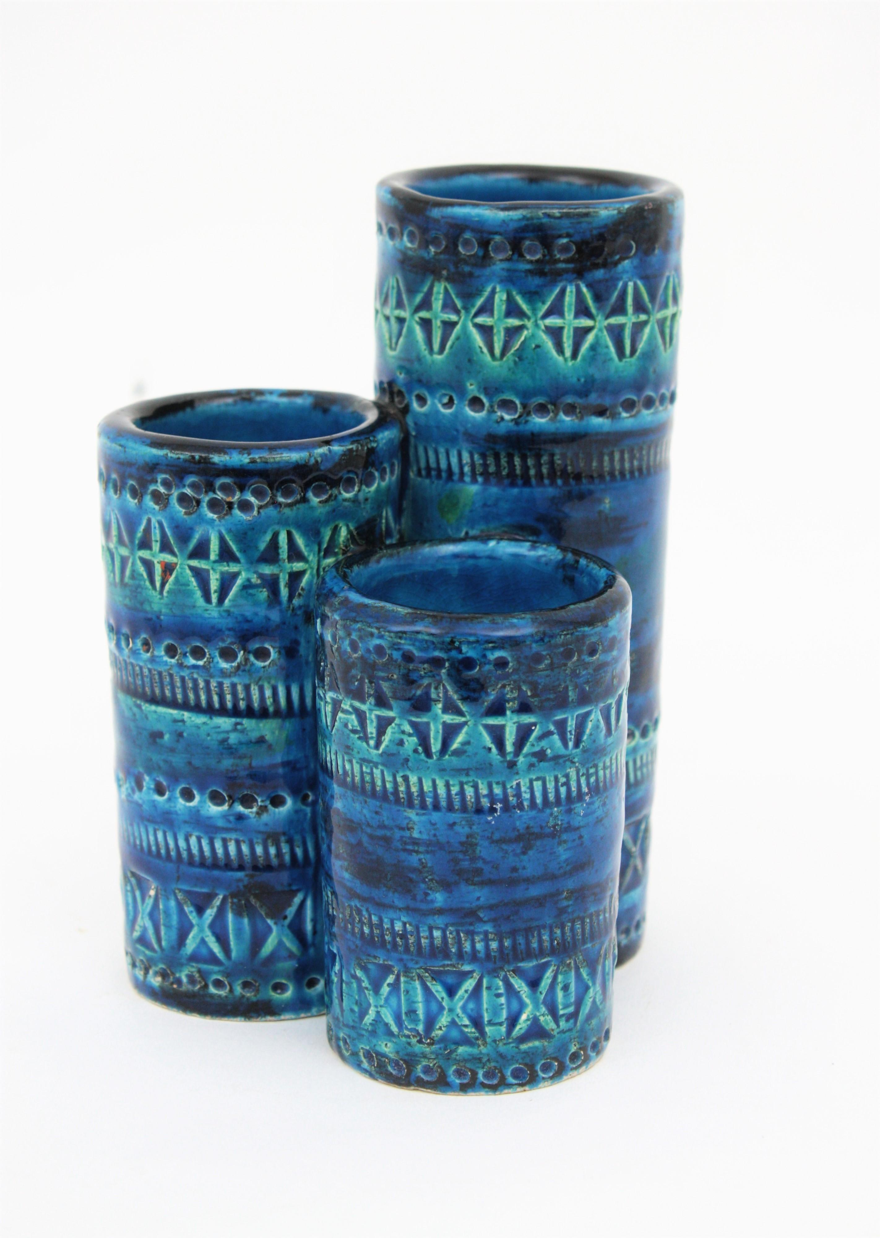 Aldo Londi Bitossi Rimini Blue Glazed Ceramic Triple Vase, Italy, 1960s In Excellent Condition In Barcelona, ES