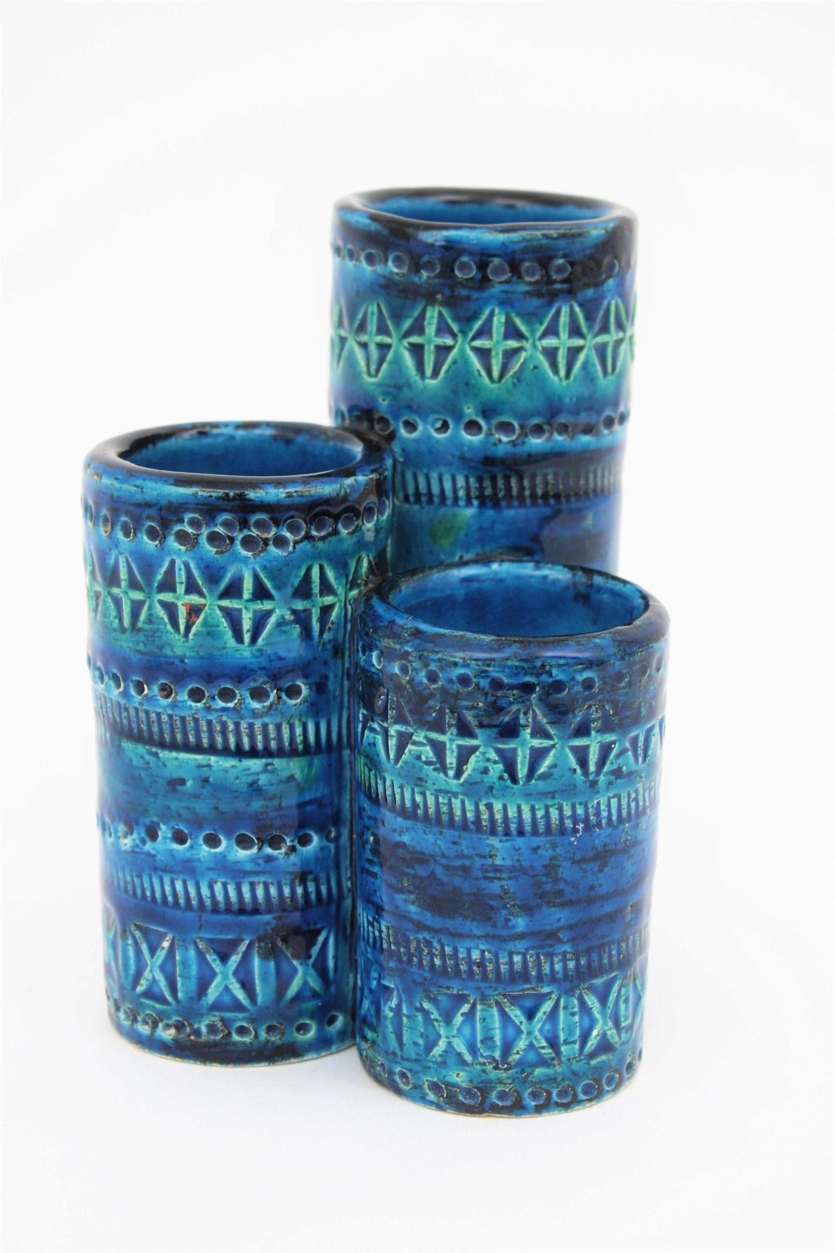 20th Century Aldo Londi Bitossi Rimini Blue Glazed Ceramic Triple Vase, Italy, 1960s