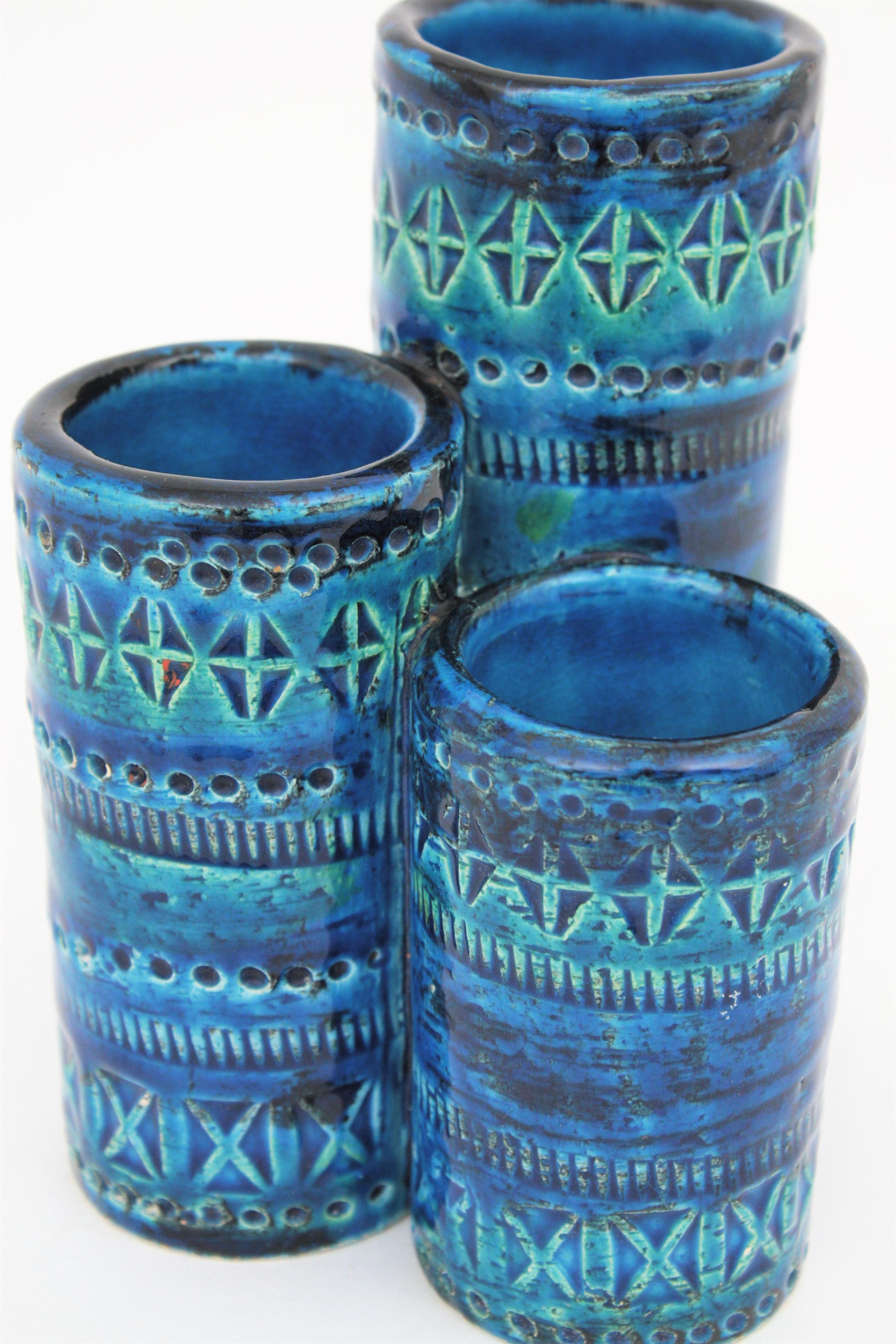 Aldo Londi Bitossi Rimini Blue Glazed Ceramic Triple Vase, Italy, 1960s 1