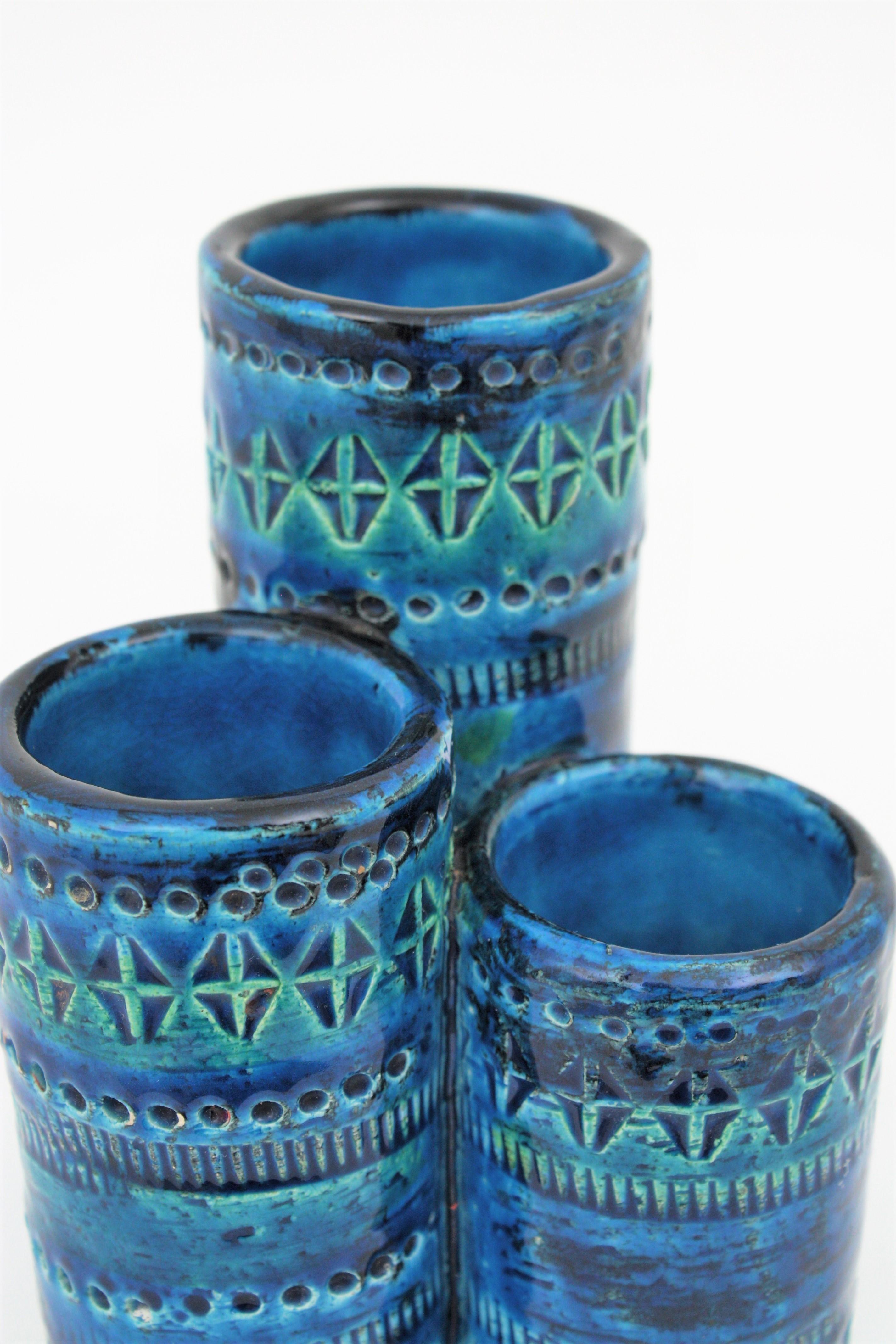 Aldo Londi Bitossi Rimini Blue Glazed Ceramic Triple Vase, Italy, 1960s 2