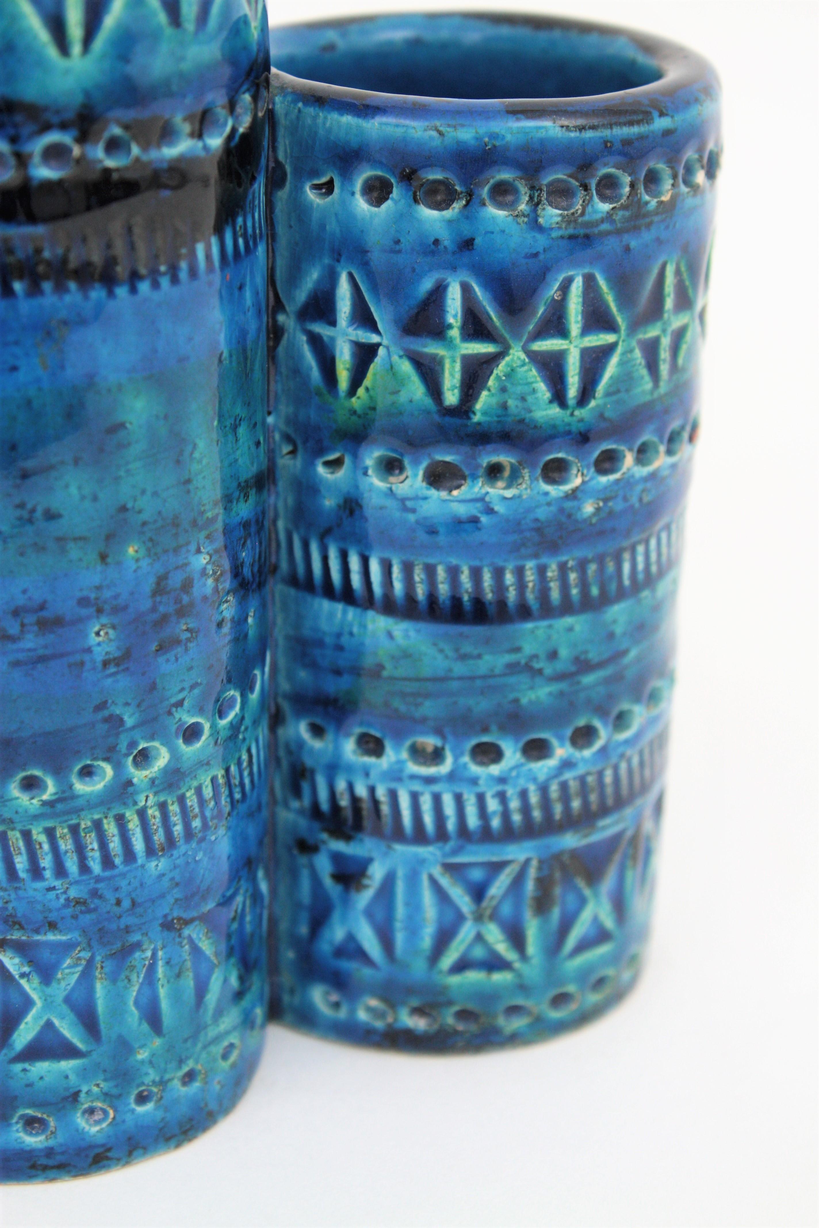 Aldo Londi Bitossi Rimini Blue Glazed Ceramic Triple Vase, Italy, 1960s 3