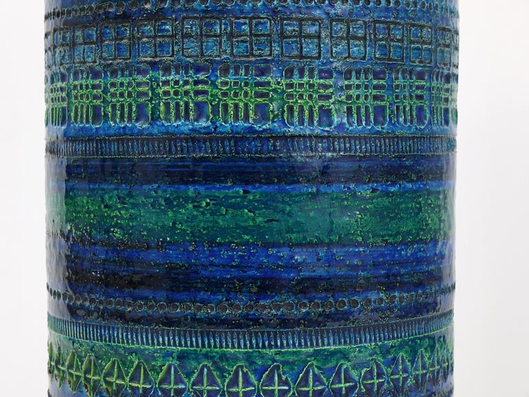 Italian Aldo Londi Bitossi Rimini Blue Glazed Extra Large Ceramic Vase Umbrella Stand For Sale