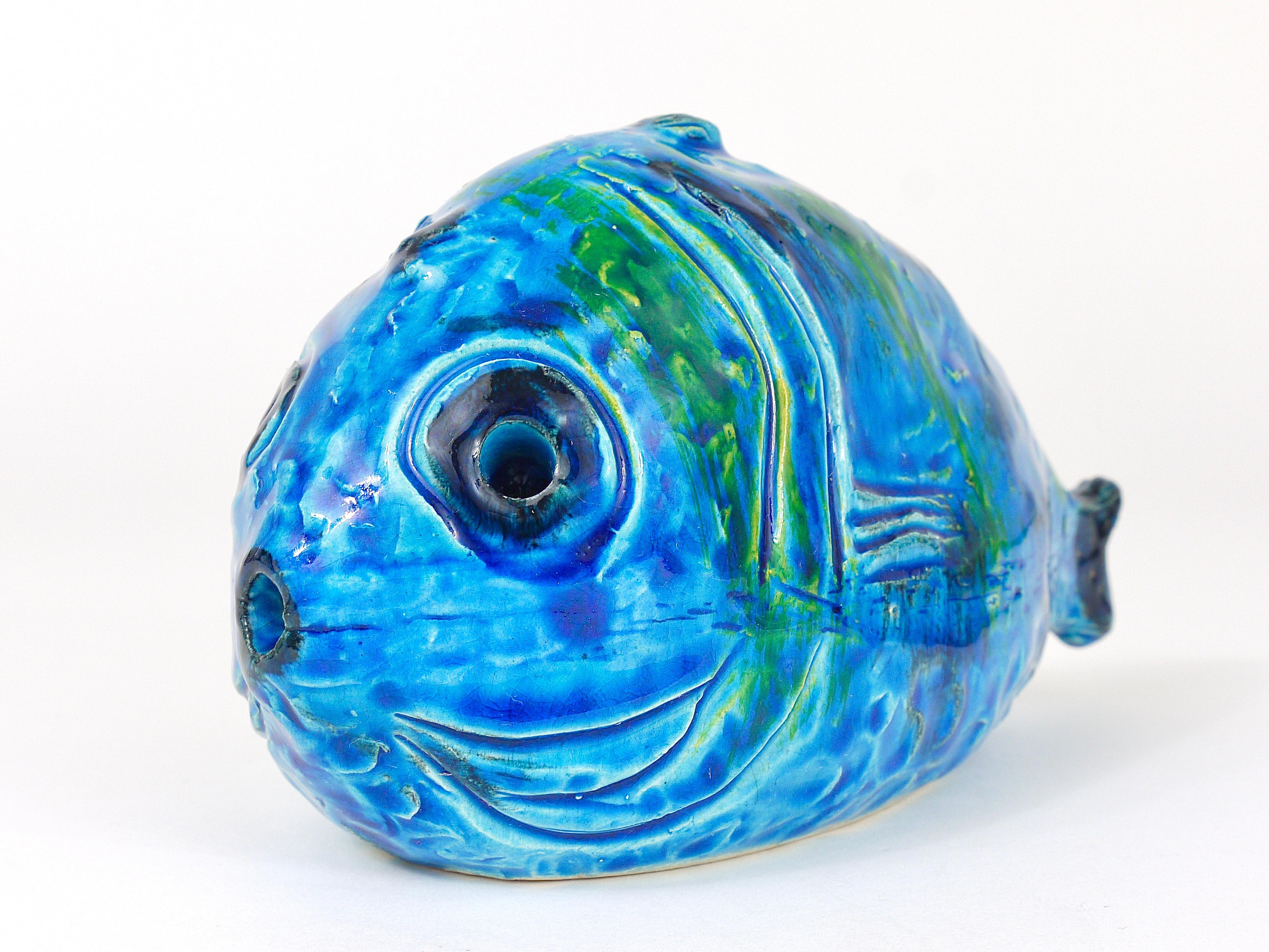 Italian Aldo Londi Bitossi Rimini Blue Glazed Fish Sculpture Figurine, Italy, 1950s For Sale