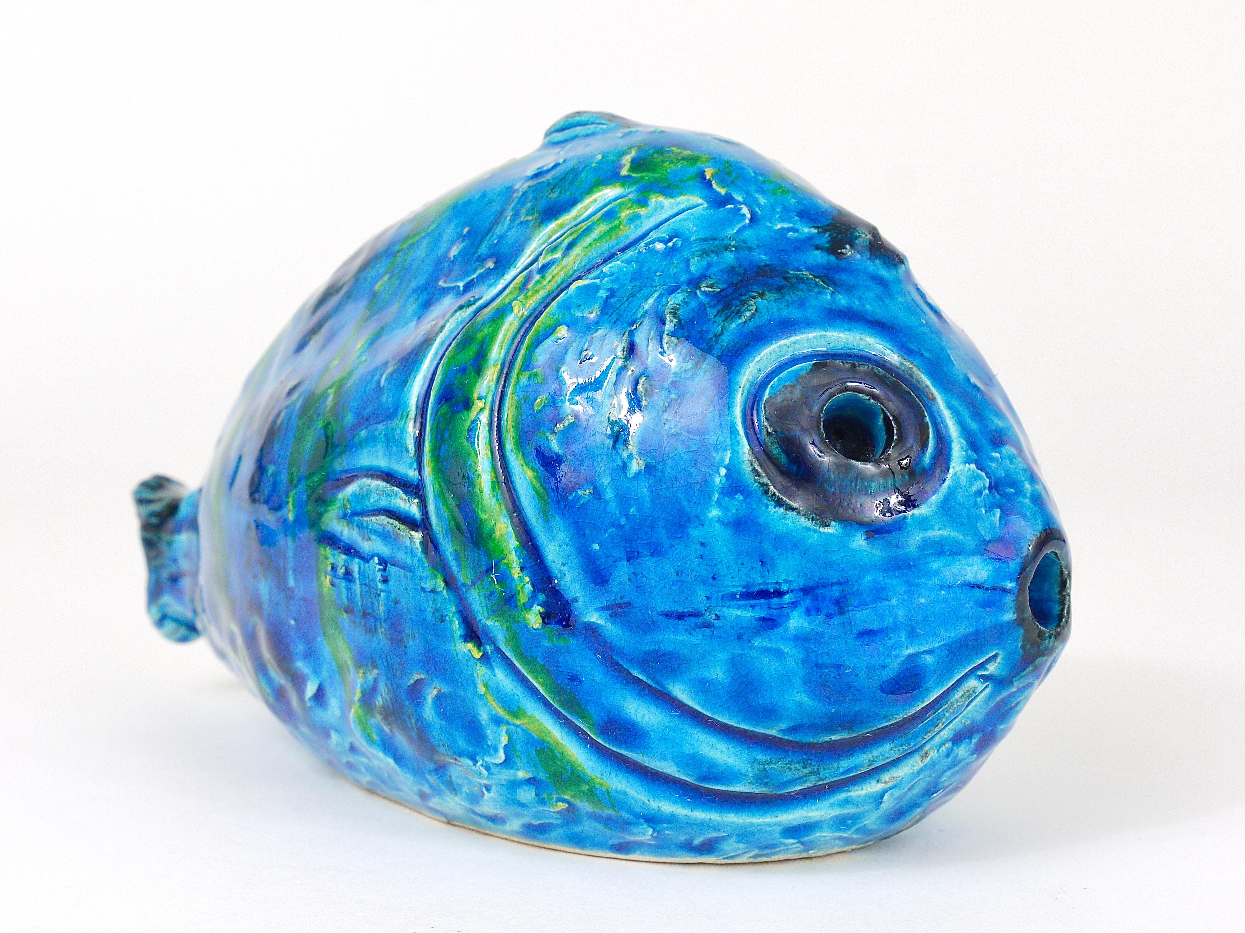 Italian Aldo Londi Bitossi Rimini Blue Glazed Fish Sculpture Figurine, Italy, 1950s For Sale