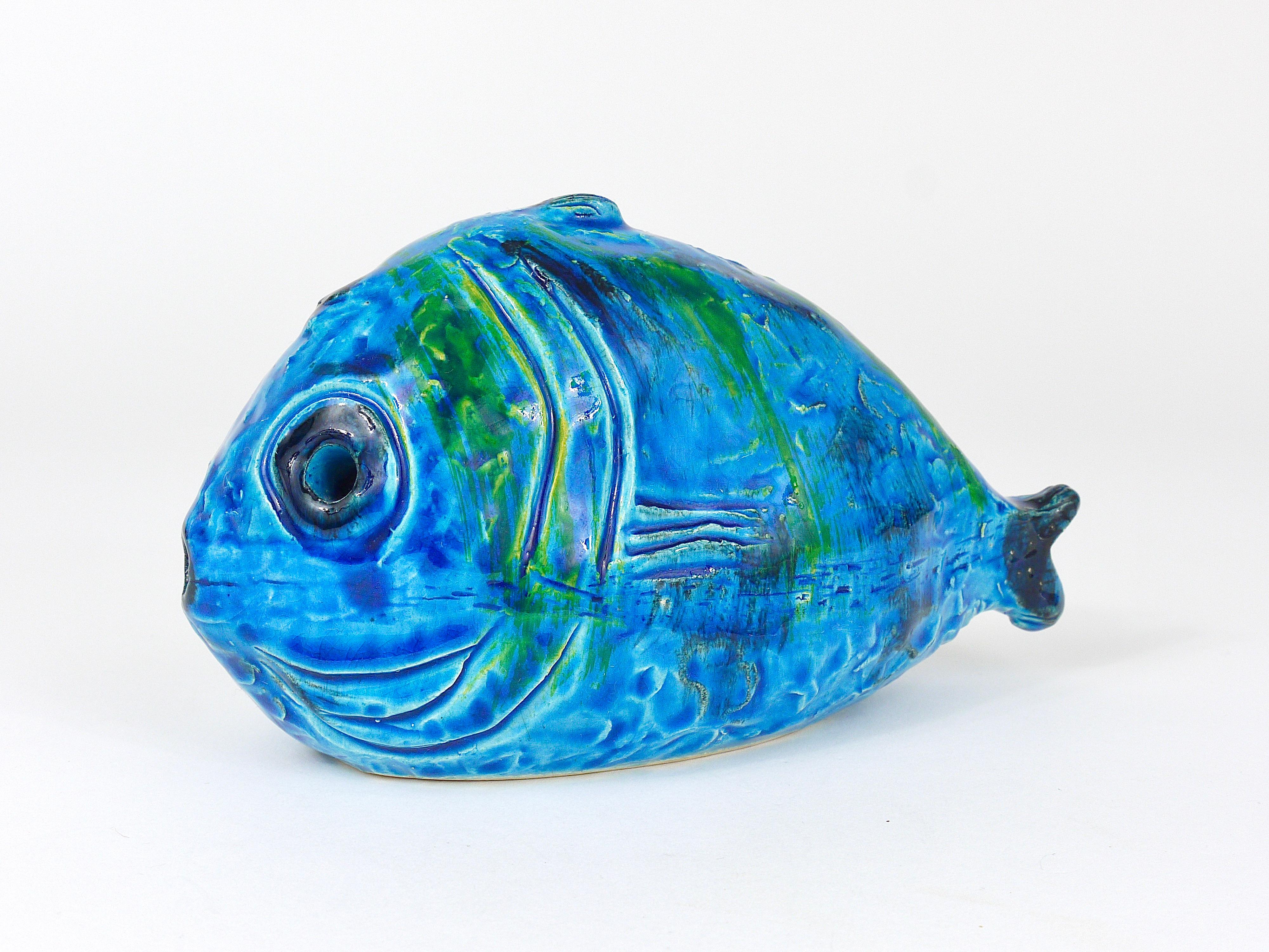20th Century Aldo Londi Bitossi Rimini Blue Glazed Fish Sculpture Figurine, Italy, 1950s For Sale