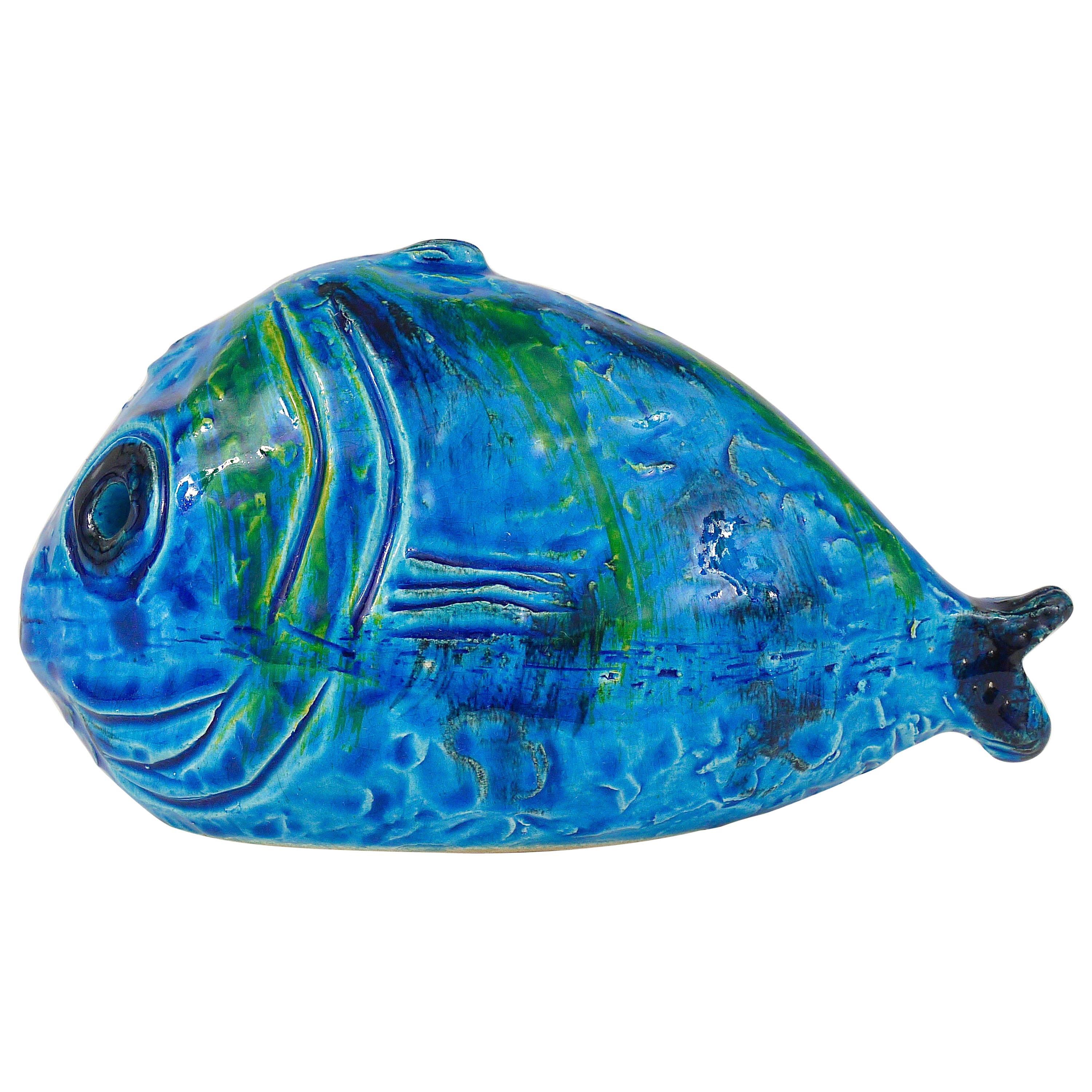 Aldo Londi Bitossi Rimini Blue Glazed Fish Sculpture Figurine, Italy, 1950s