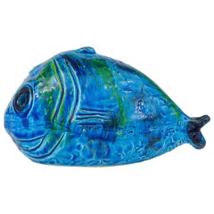 Blau glasierte Fischskulpturfigur von Aldo Londi Bitossi Rimini, Italien, 1950er Jahre