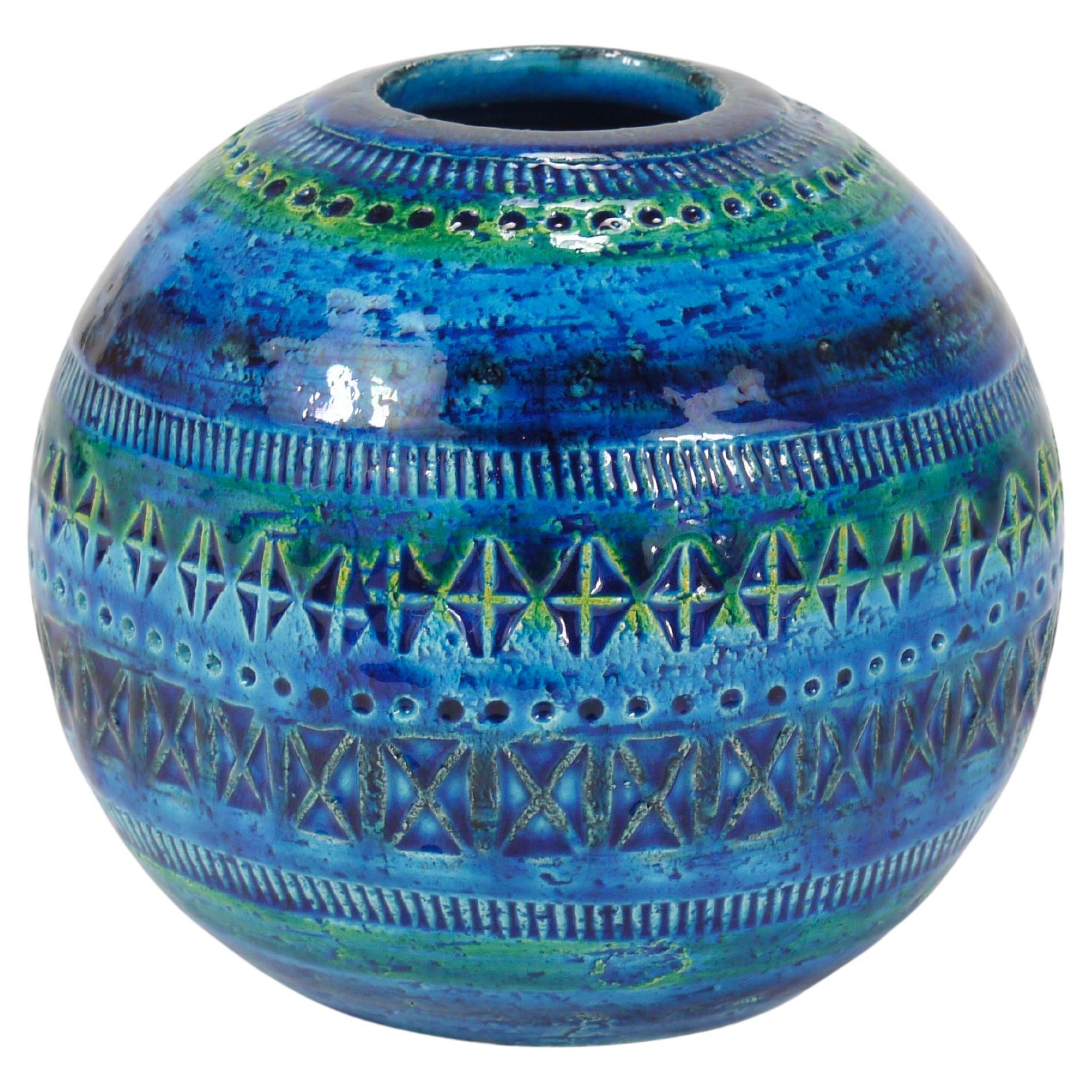 Aldo Londi Bitossi Rimini Blue Glazed Mid-Century Ceramic Ball Vase, Italy, 1950