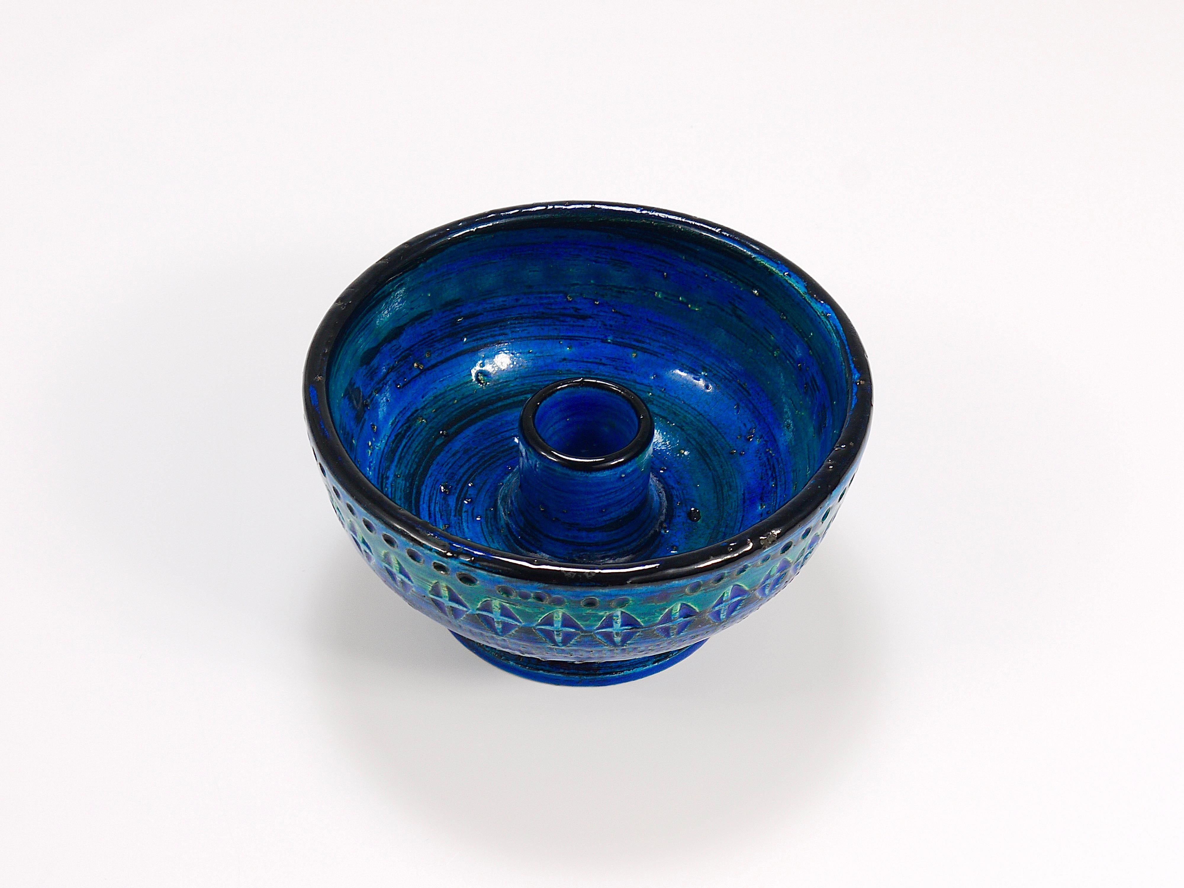 Aldo Londi Bitossi Rimini Blue Glazed Midcentury Candle Holder Bowl, 1950s For Sale 4
