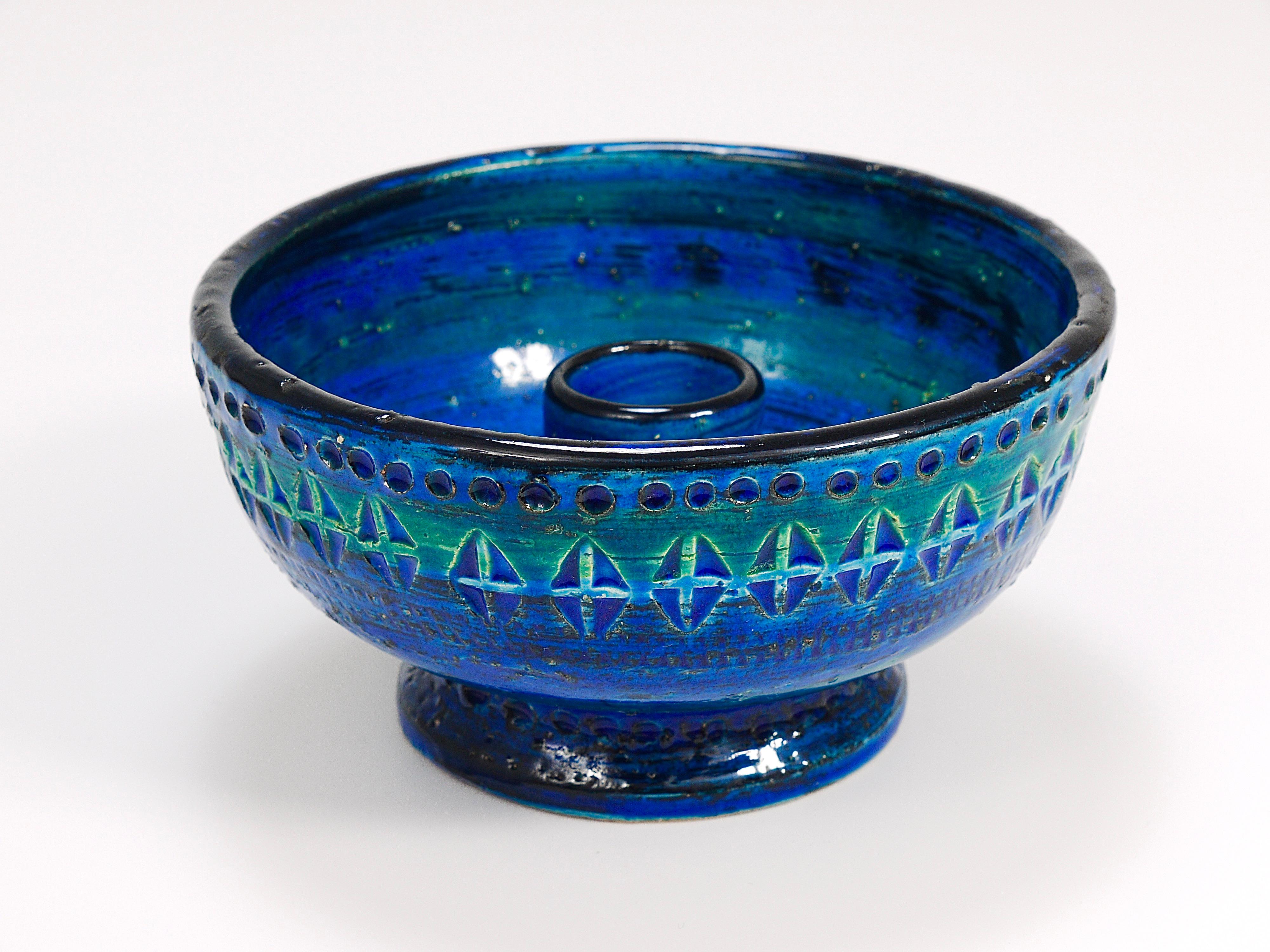 Aldo Londi Bitossi Rimini Blue Glazed Midcentury Candle Holder Bowl, 1950s In Good Condition For Sale In Vienna, AT