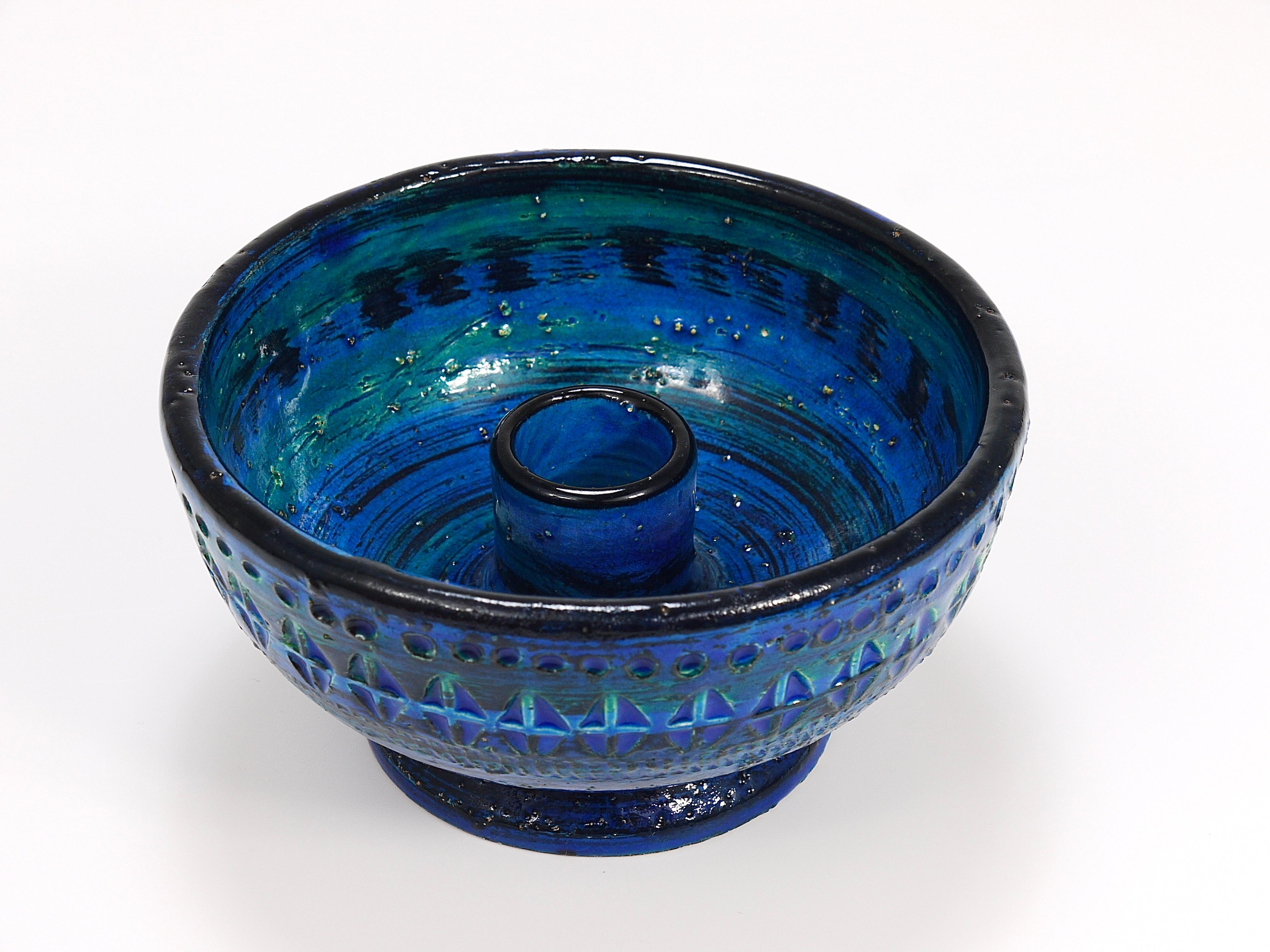 20th Century Aldo Londi Bitossi Rimini Blue Glazed Midcentury Candle Holder Bowl, 1950s For Sale