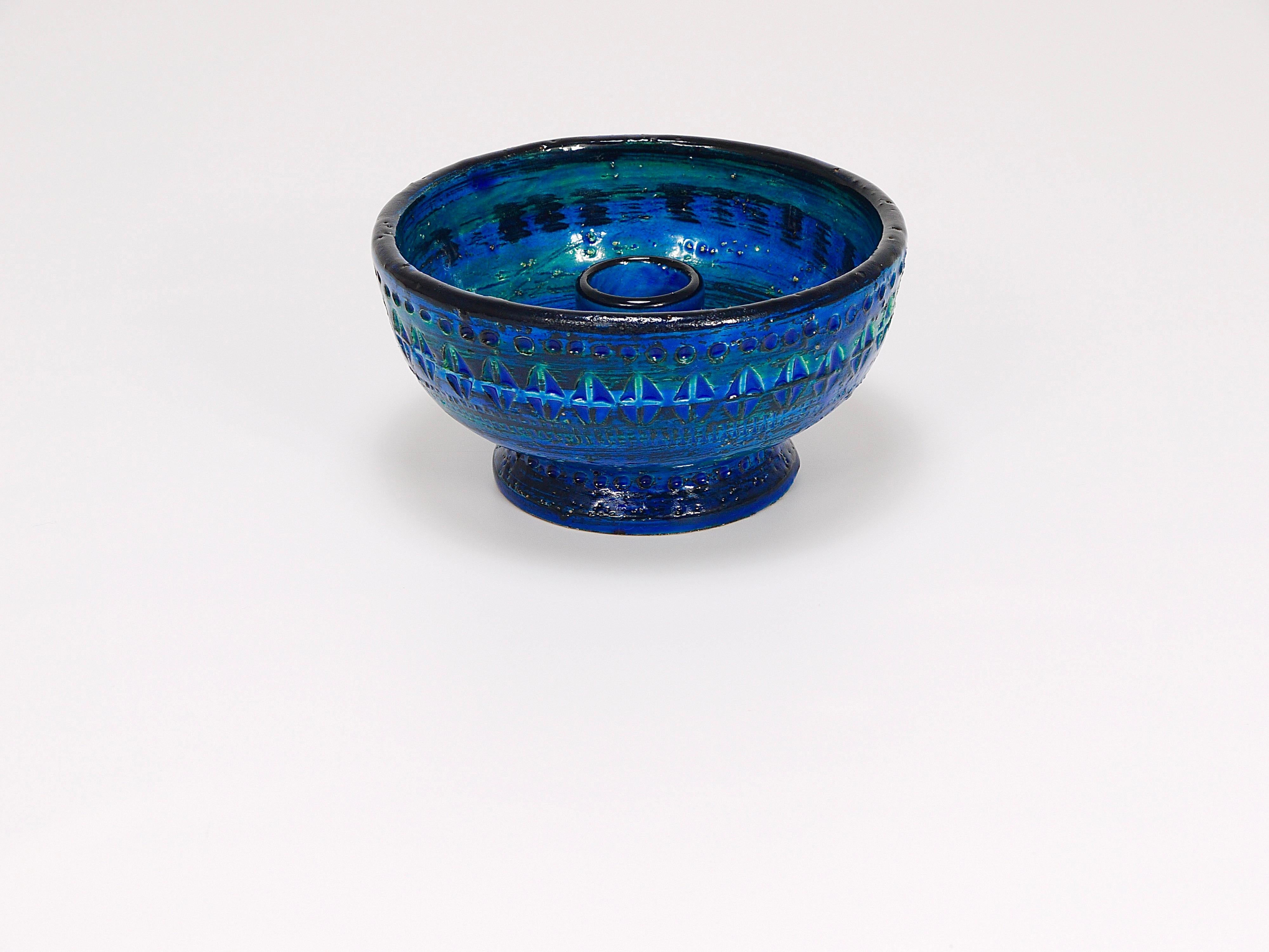 Ceramic Aldo Londi Bitossi Rimini Blue Glazed Midcentury Candle Holder Bowl, 1950s For Sale
