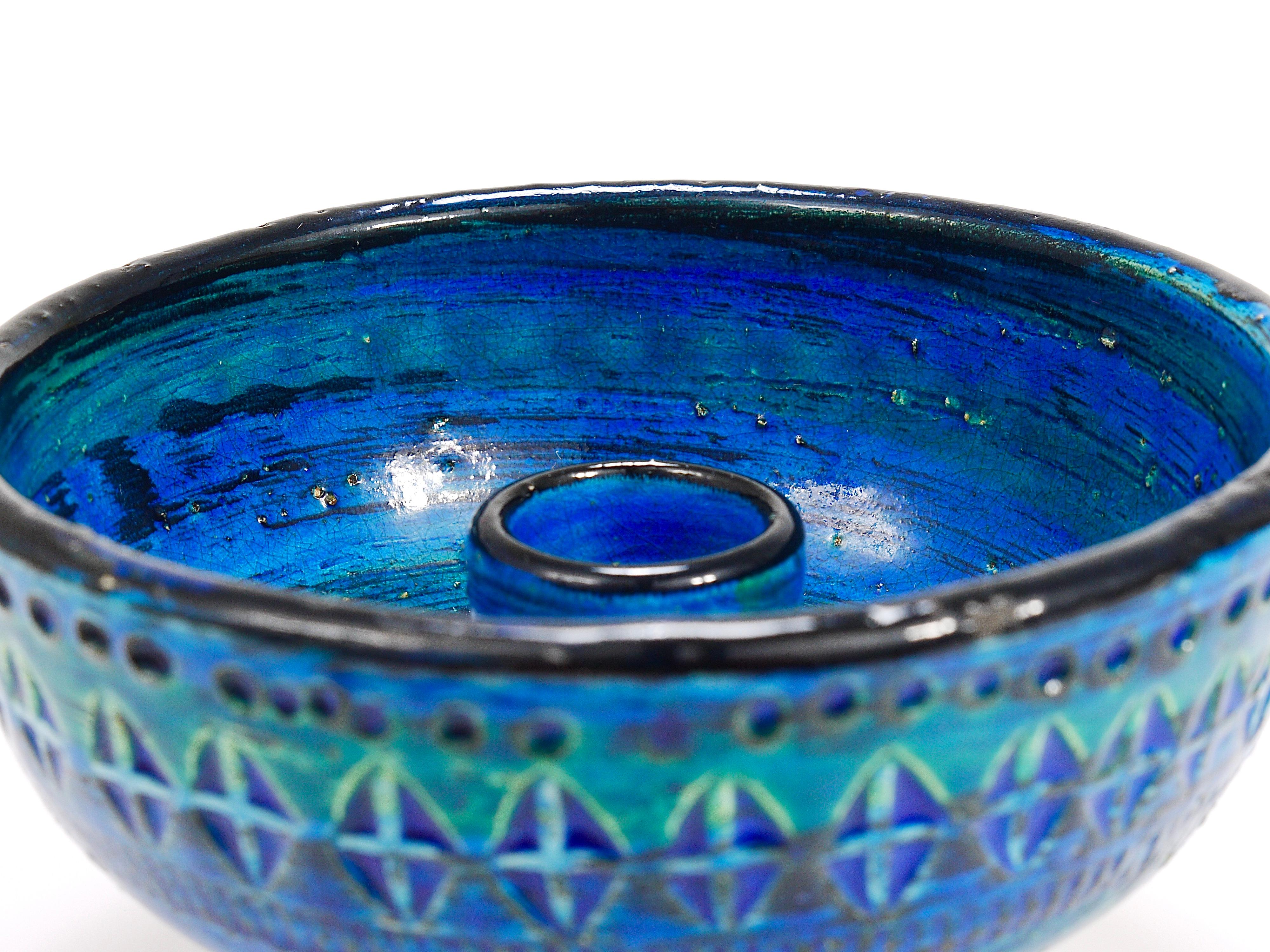 Aldo Londi Bitossi Rimini Blue Glazed Midcentury Candle Holder Bowl, 1950s For Sale 2