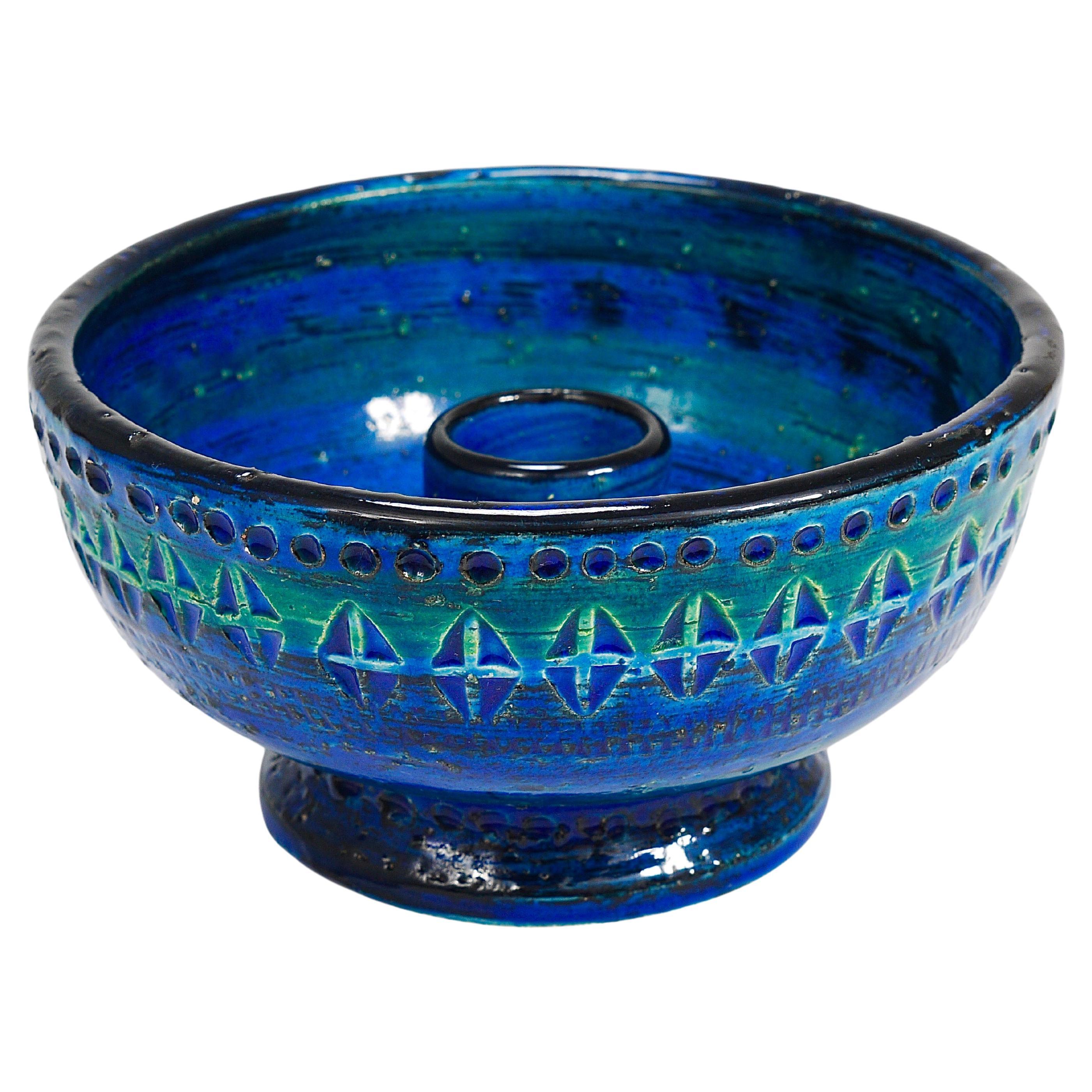 Aldo Londi Bitossi Rimini Blue Glazed Midcentury Candle Holder Bowl, 1950s For Sale