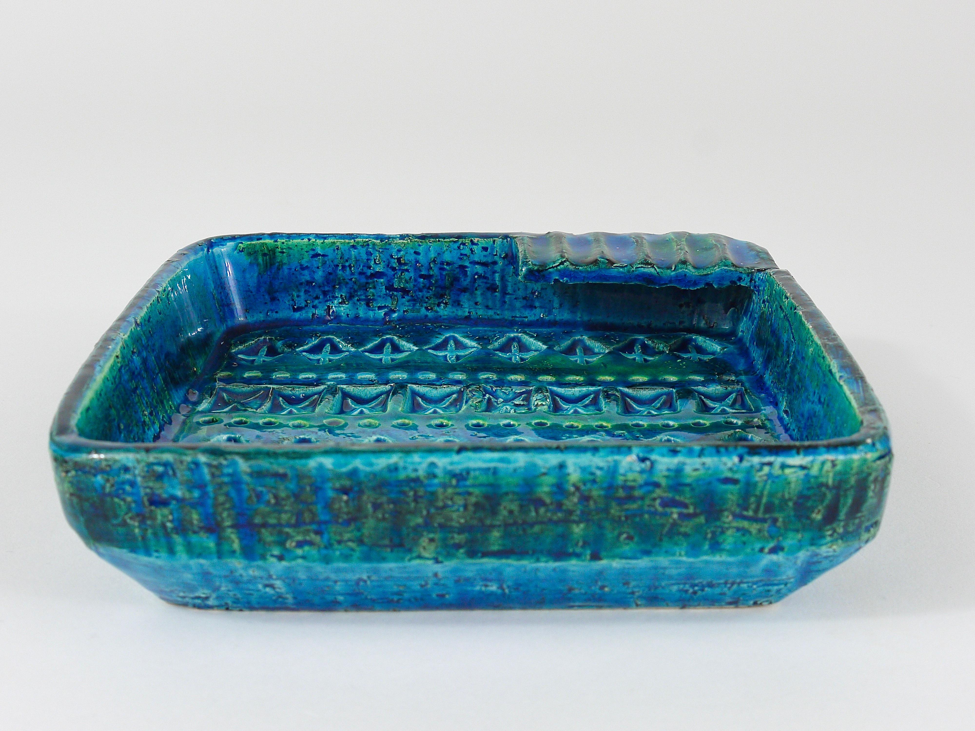 Aldo Londi Bitossi Rimini Blue Glazed Square Midcentury Ashtray, Italy, 1950s For Sale 4