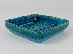Aldo Londi Bitossi Rimini Blue Glazed Square Midcentury Ashtray, Italy, 1950s