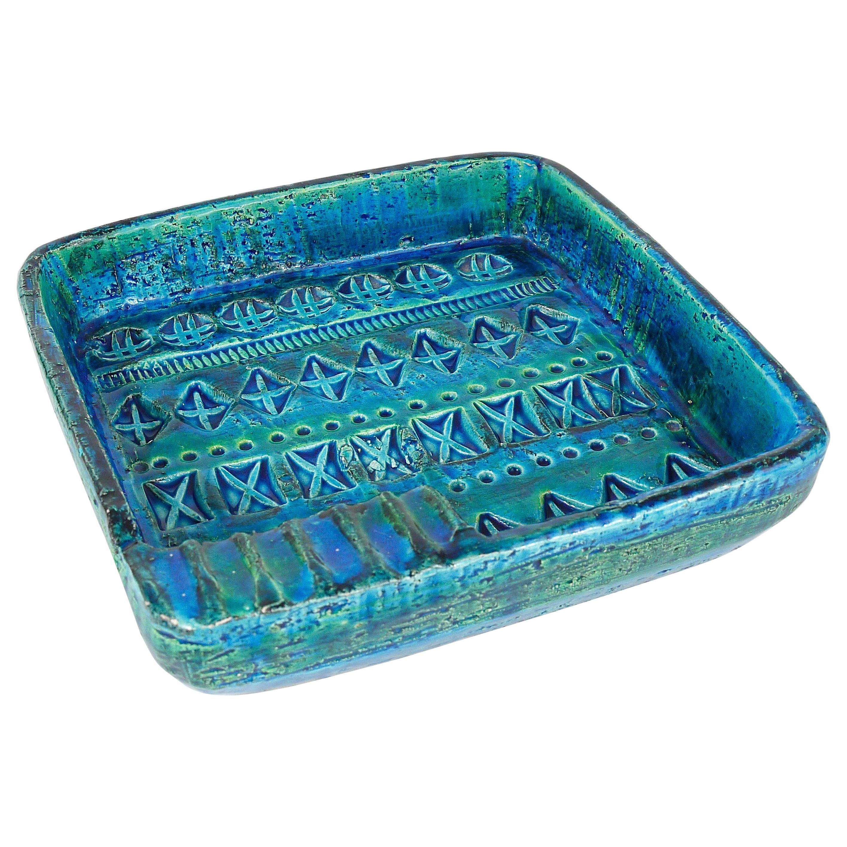 Aldo Londi Bitossi Rimini Blue Glazed Square Midcentury Ashtray, Italy, 1950s For Sale