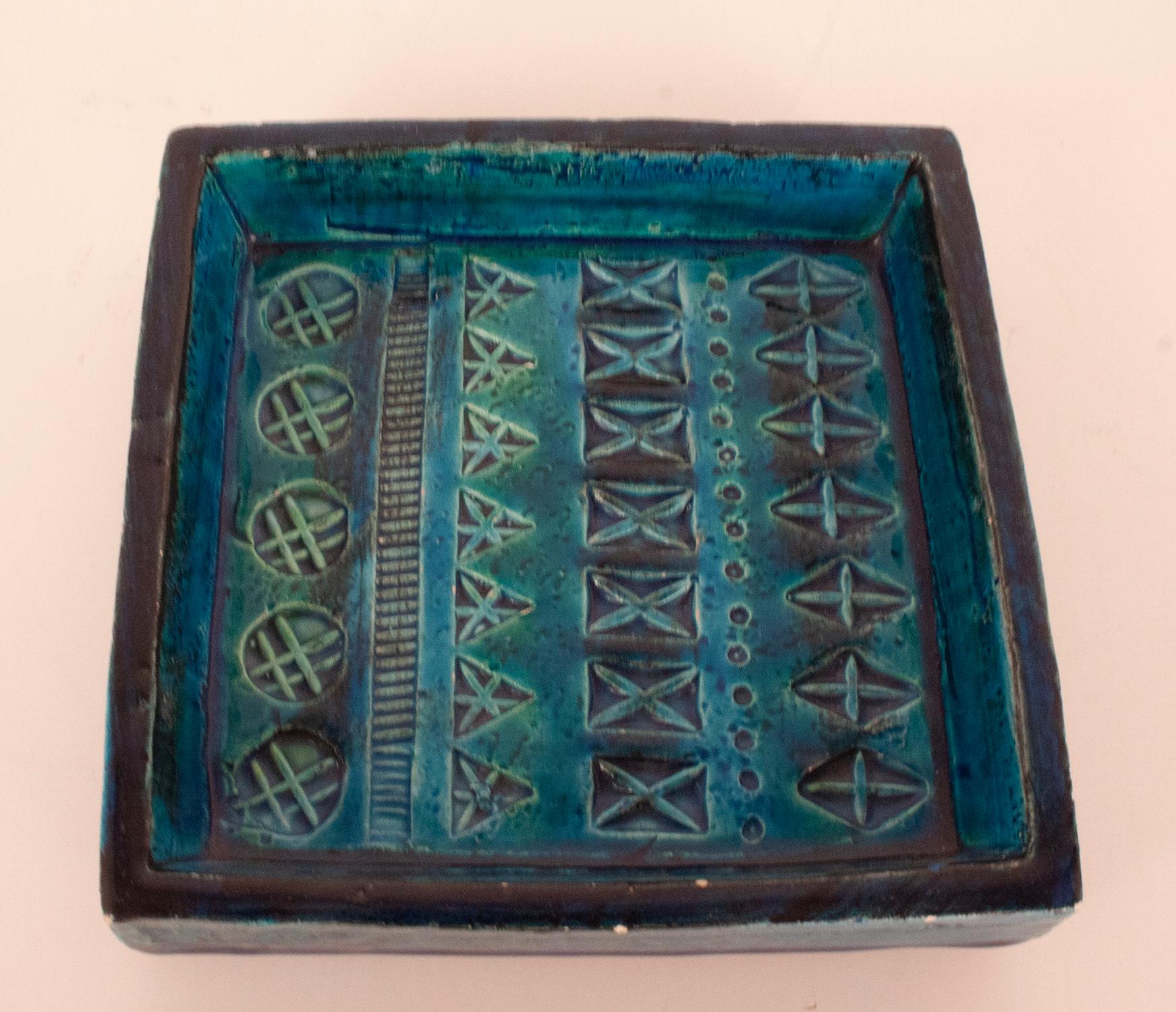 Aldo Londi Bitossi Rimini Blue Glazed Square Midcentury Ashtray, Italy, 1960s In Good Condition For Sale In Barcelona, Cataluna