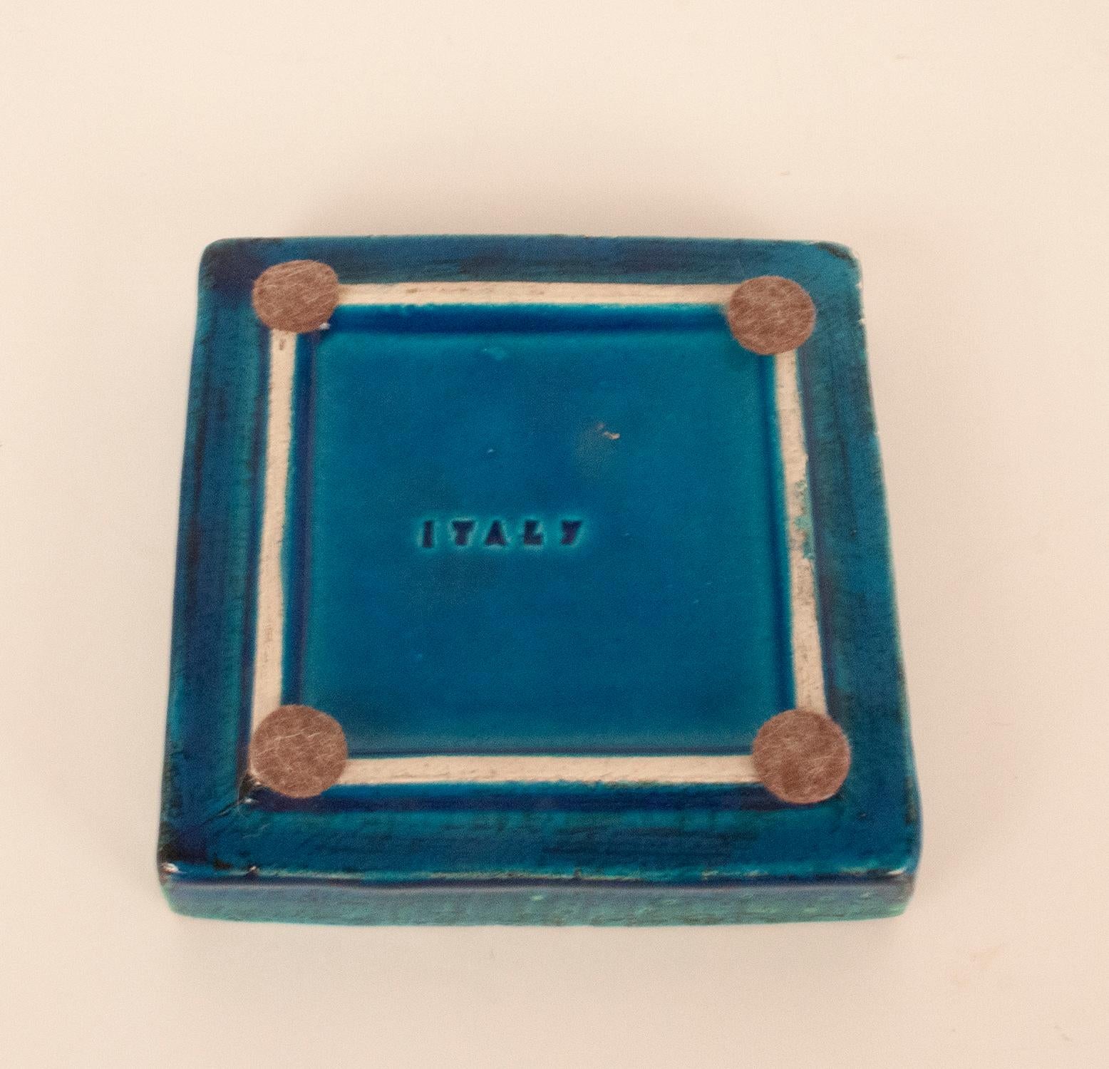 Ceramic Aldo Londi Bitossi Rimini Blue Glazed Square Midcentury Ashtray, Italy, 1960s For Sale