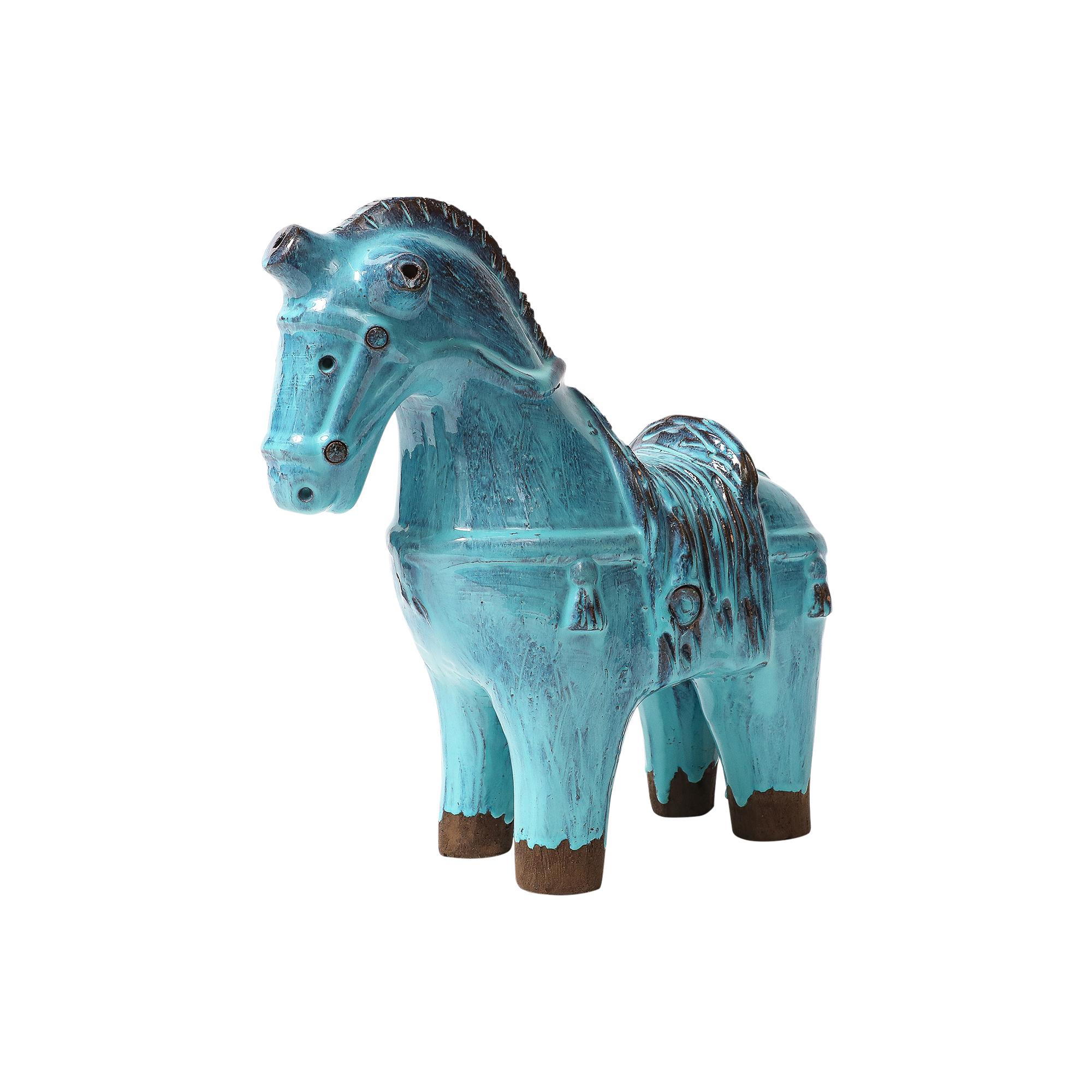 Aldo Londi Bitossi Rosenthal Netter Horse, Ceramic, Cyan Blue, Signed. Large twelve inch horse sculpture glazed in cyan blue contrasted with matte chocolate brown hooves. Realistic and detailed. Aldo Londi/Bitossi made horses in several sizes: 10