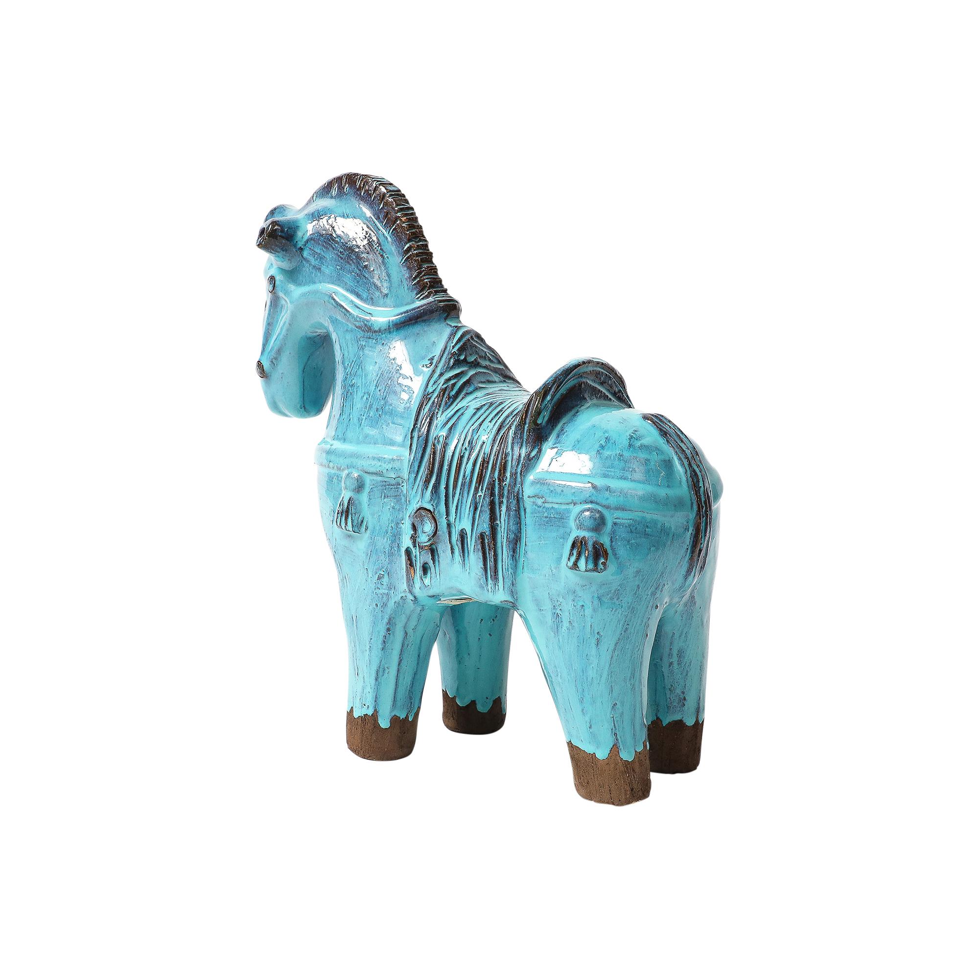 Mid-Century moderno Aldo Londi Bitossi Rosenthal Netter Horse, Ceramic, Cyan Blue, Signed in vendita