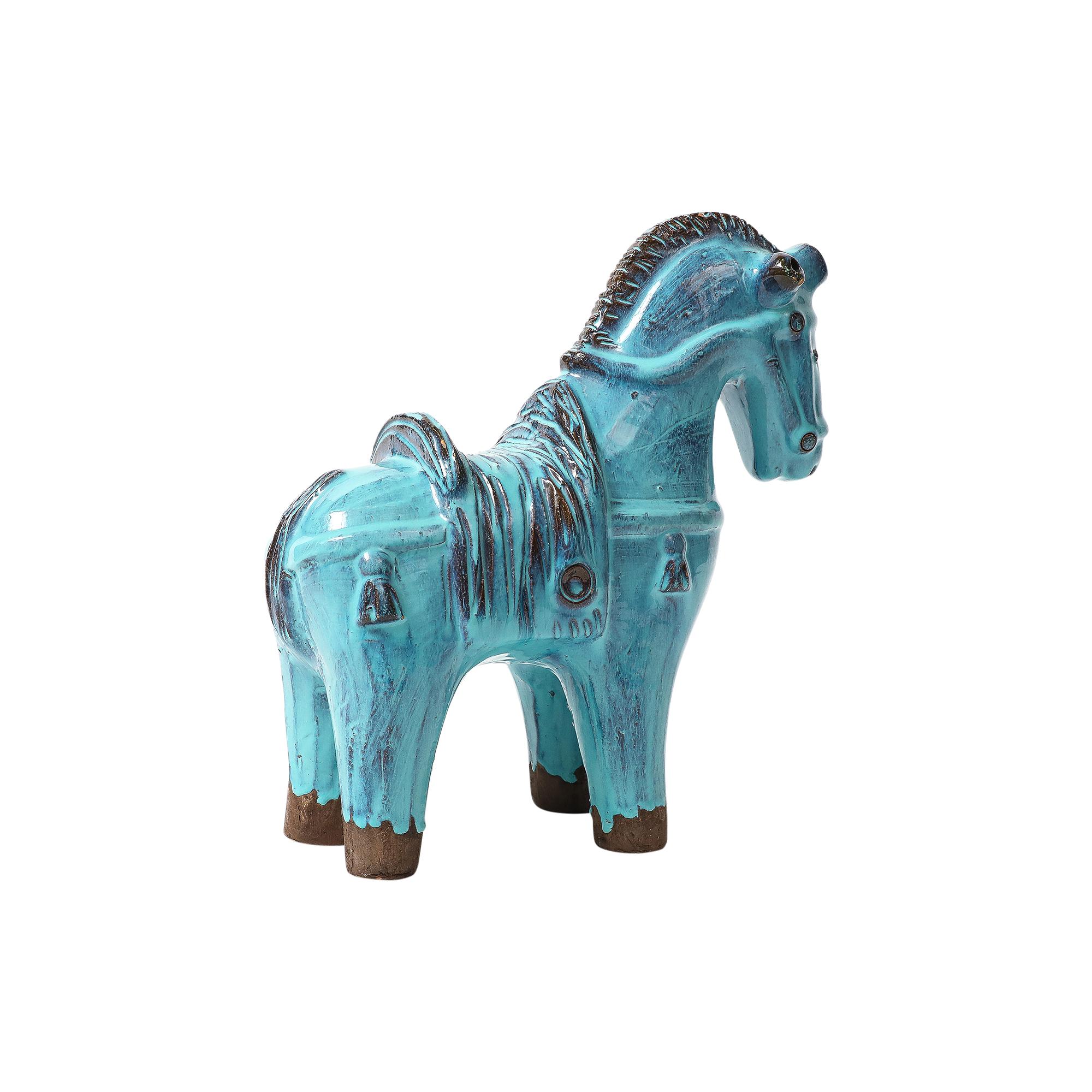 Smaltato Aldo Londi Bitossi Rosenthal Netter Horse, Ceramic, Cyan Blue, Signed in vendita