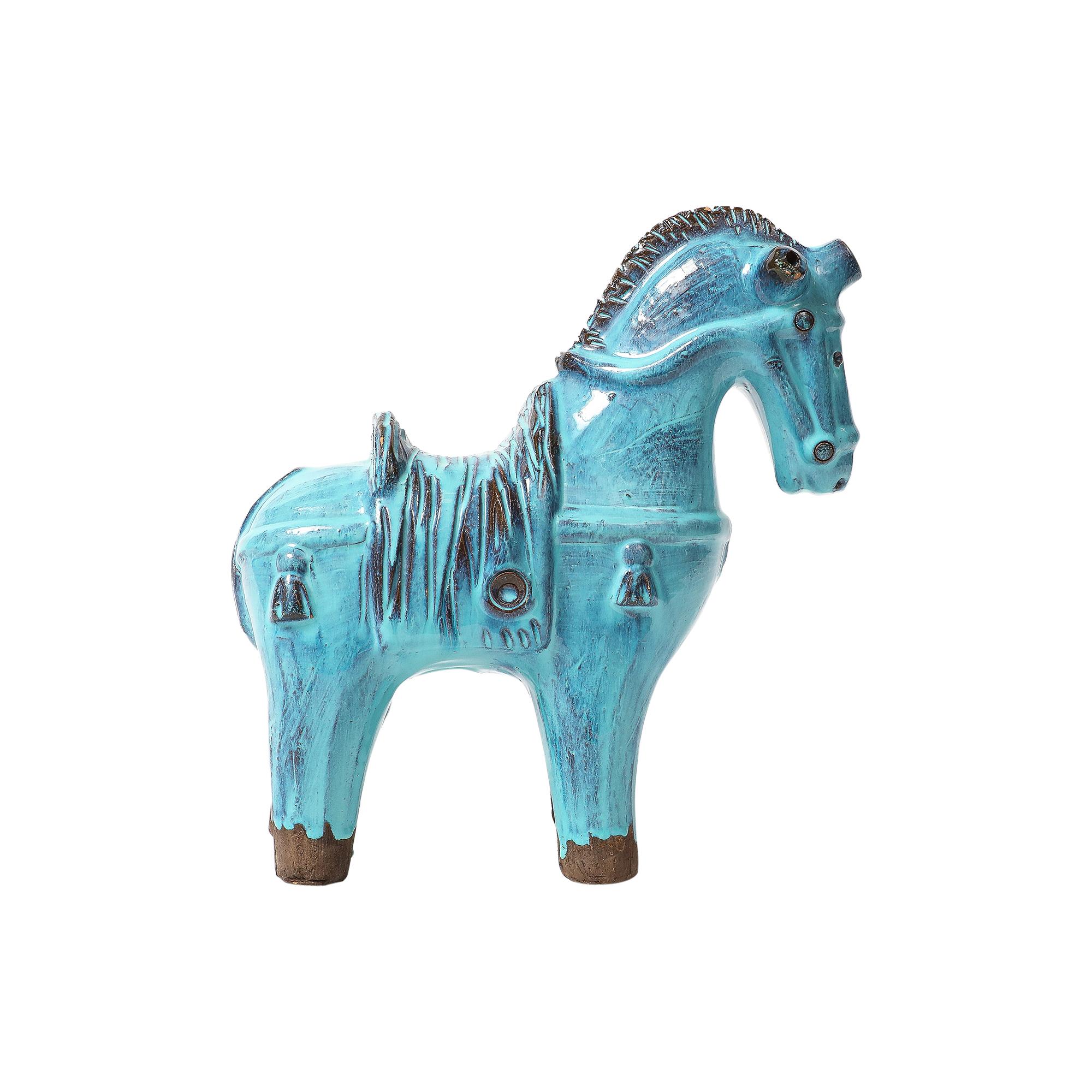 Metà XX secolo Aldo Londi Bitossi Rosenthal Netter Horse, Ceramic, Cyan Blue, Signed in vendita