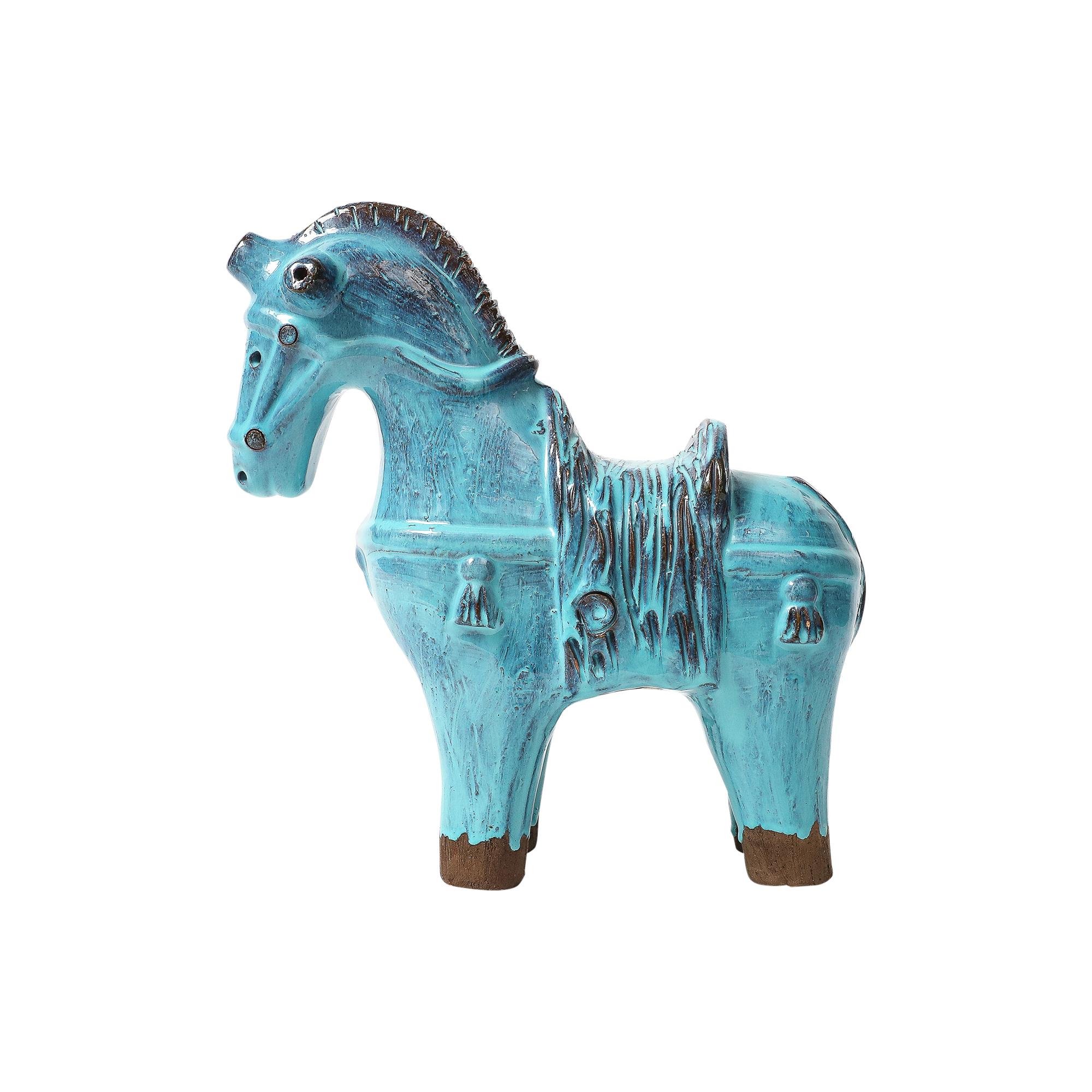 Aldo Londi Bitossi Rosenthal Netter Horse, Ceramic, Cyan Blue, Signed in vendita