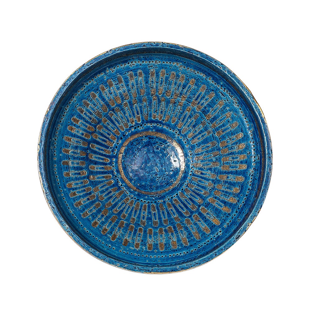 Cuenco con imperdible Aldo Londi Bitossi, cerámica, azul, dorado, firmado. Gran cuenco de gres con interior y exterior de imperdibles dorados esmaltados, 
