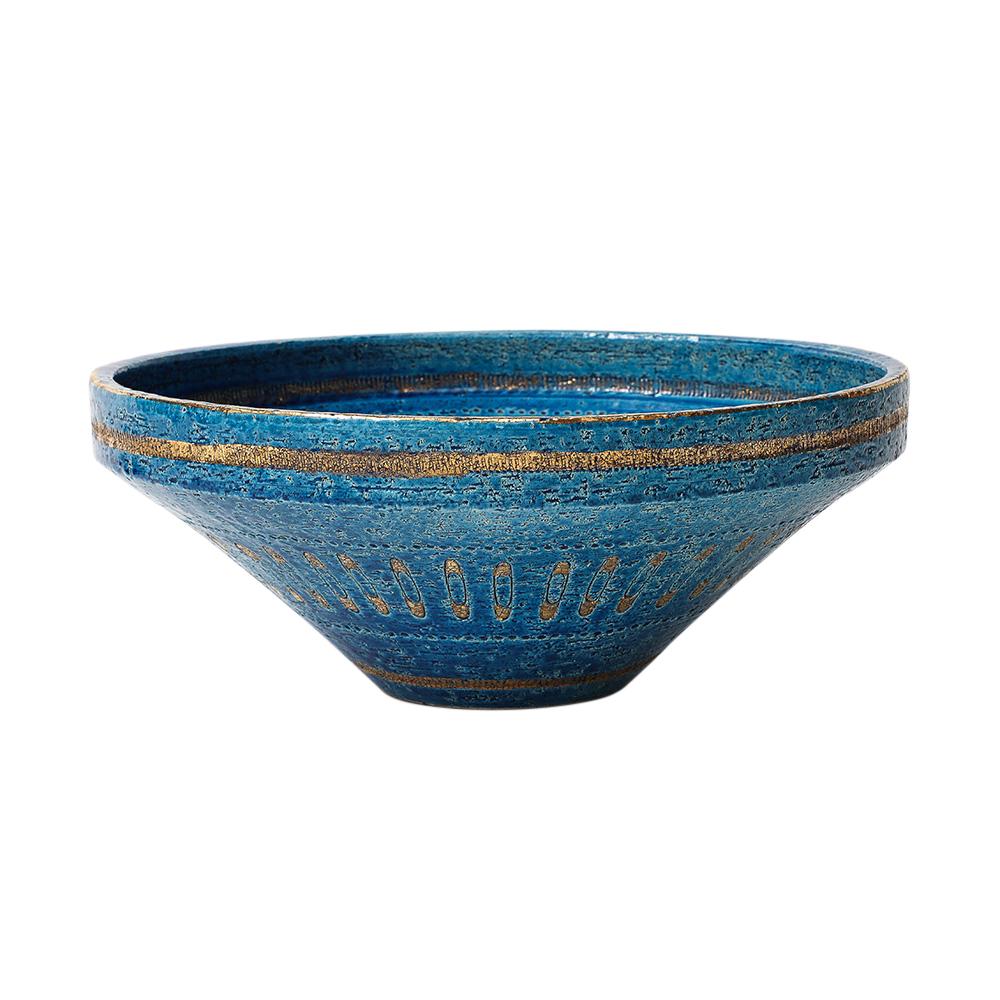 Cuenco con imperdible Aldo Londi Bitossi, cerámica, azul, dorado, firmado Glaseado en venta